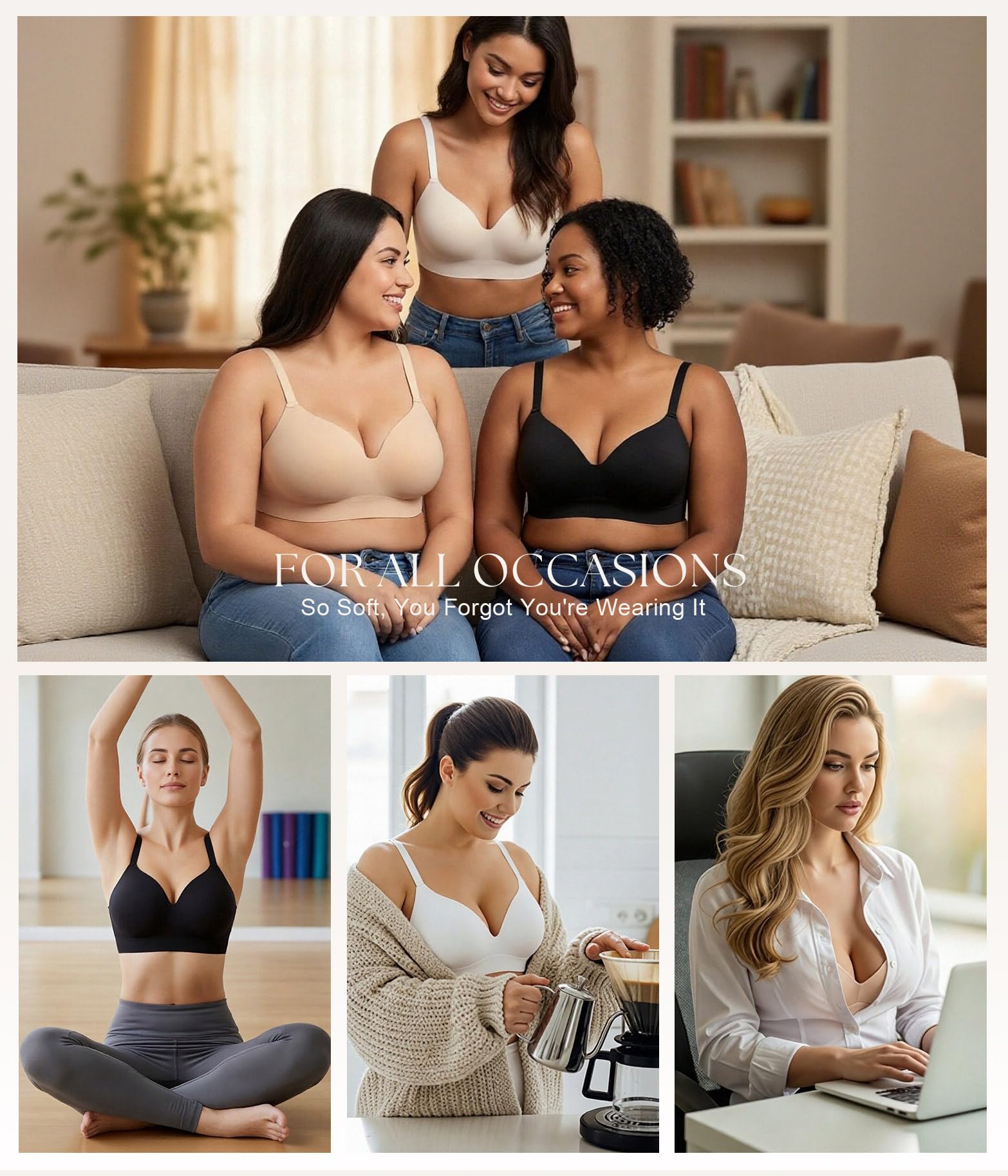 XJBTBA Biustonosze push-up dla kobiet Bez fiszbin Bez fiszbin Bez fiszbin Wsparcie Komfortowe biustonosze do spania dla pań Miękka koszulka Biustonosz bez fiszbin Regular i Plus Size
