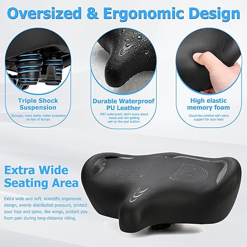 Miniatura 17 de Oversized Bike Seat for Men & Women Comfort, Extra Wide Bicycle Seat Cushion, Comfortable Wing Padded, Large Replacement Saddle for Peloton, Azul