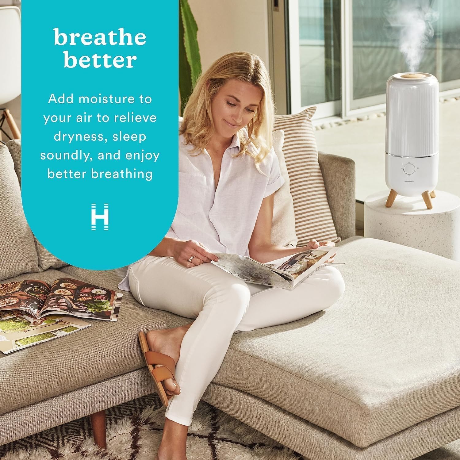 Homedics Mini-Peggy .97 Gallong Ultrasonic Top Fill Humidifier Bundle for Bedrooms, Home Offices or Nursery's, White + Homedics HM100 Indoor Humidity Monitor + HoMedics Demineralization Cartridge