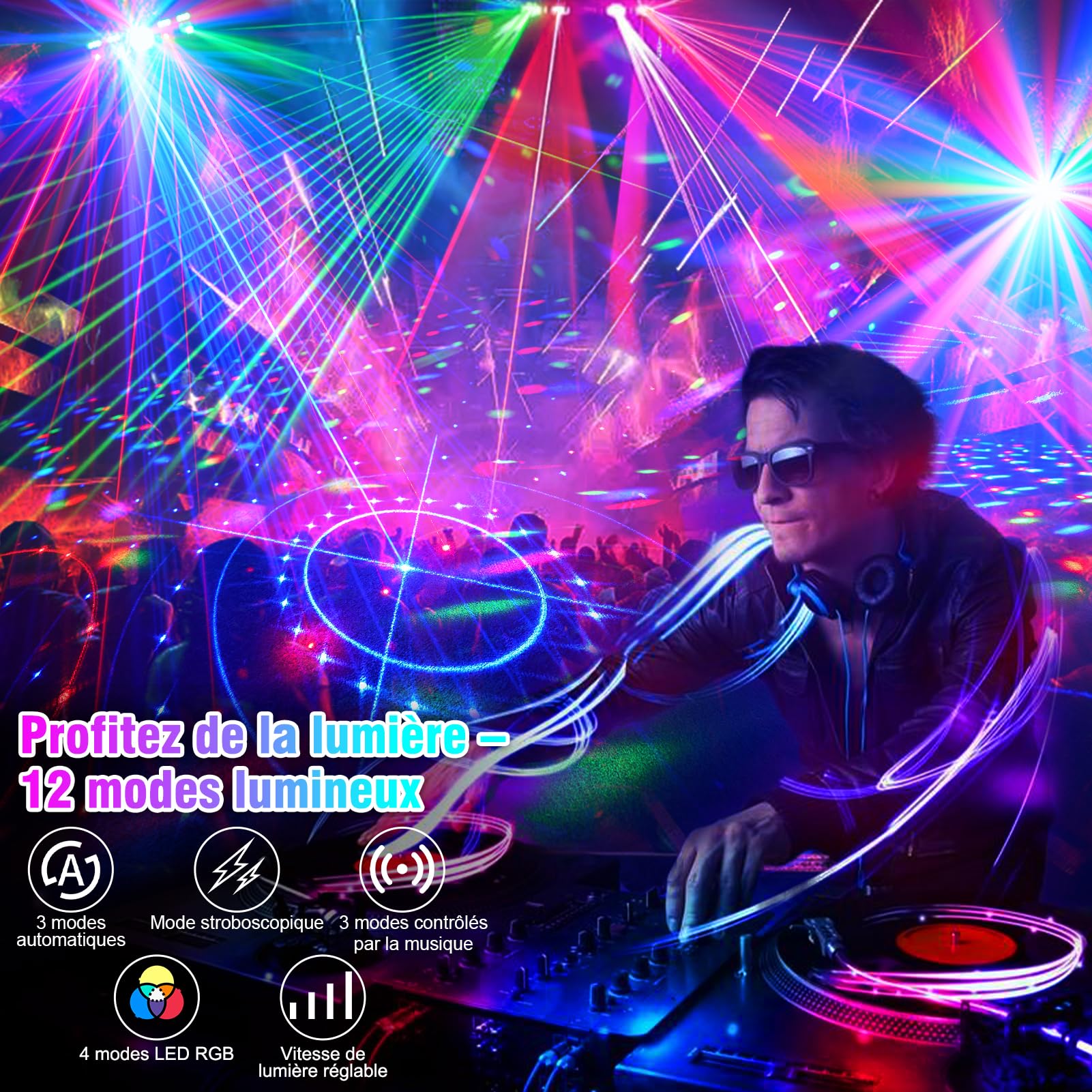 Fwiull 6-en-1 Jeux de Lumière Soiree Professionnel avec Télécommande, Effets RGB UV avec Stroboscope Doré, Contrôle DMX et Sonore, Lampe de Scène pour Fête, DJ, Club, Halloween, Noël