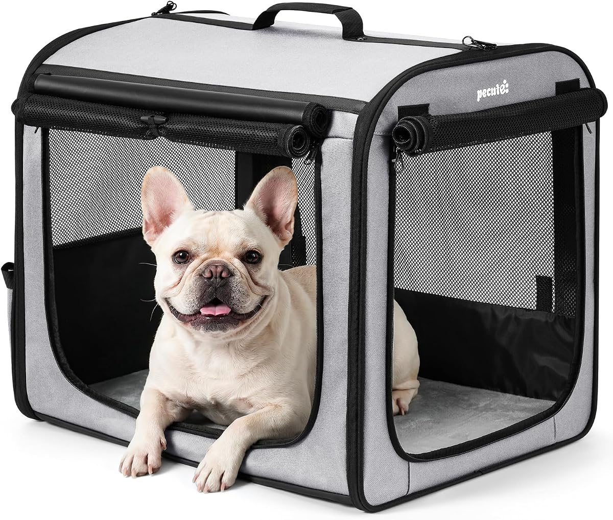 Transportín para perros ligero 24 × 17,7 × 20,5 pulgadas, transportador para perros plegable, gris | Transportín para mascotas fácil de montar, portátil y transpirable, adecuado para uso en interiores y exteriores, jaula de viaje para perros con cortina