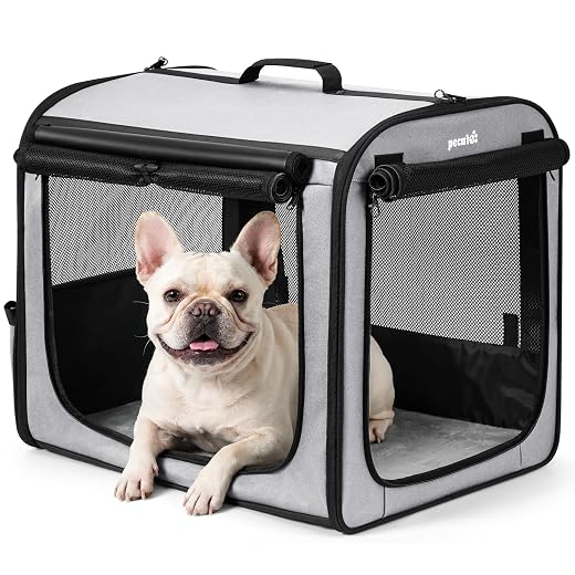 pecute Dog Transport Box, Sturdy Dog Box, Car Foldable Transport Box, Dog, 61 x 52 x 45 cm, Lightweight Cat Transport Boxes, Breathable Dog Box with Rolling Gate, Transport Box for Driving, Travel, Grey