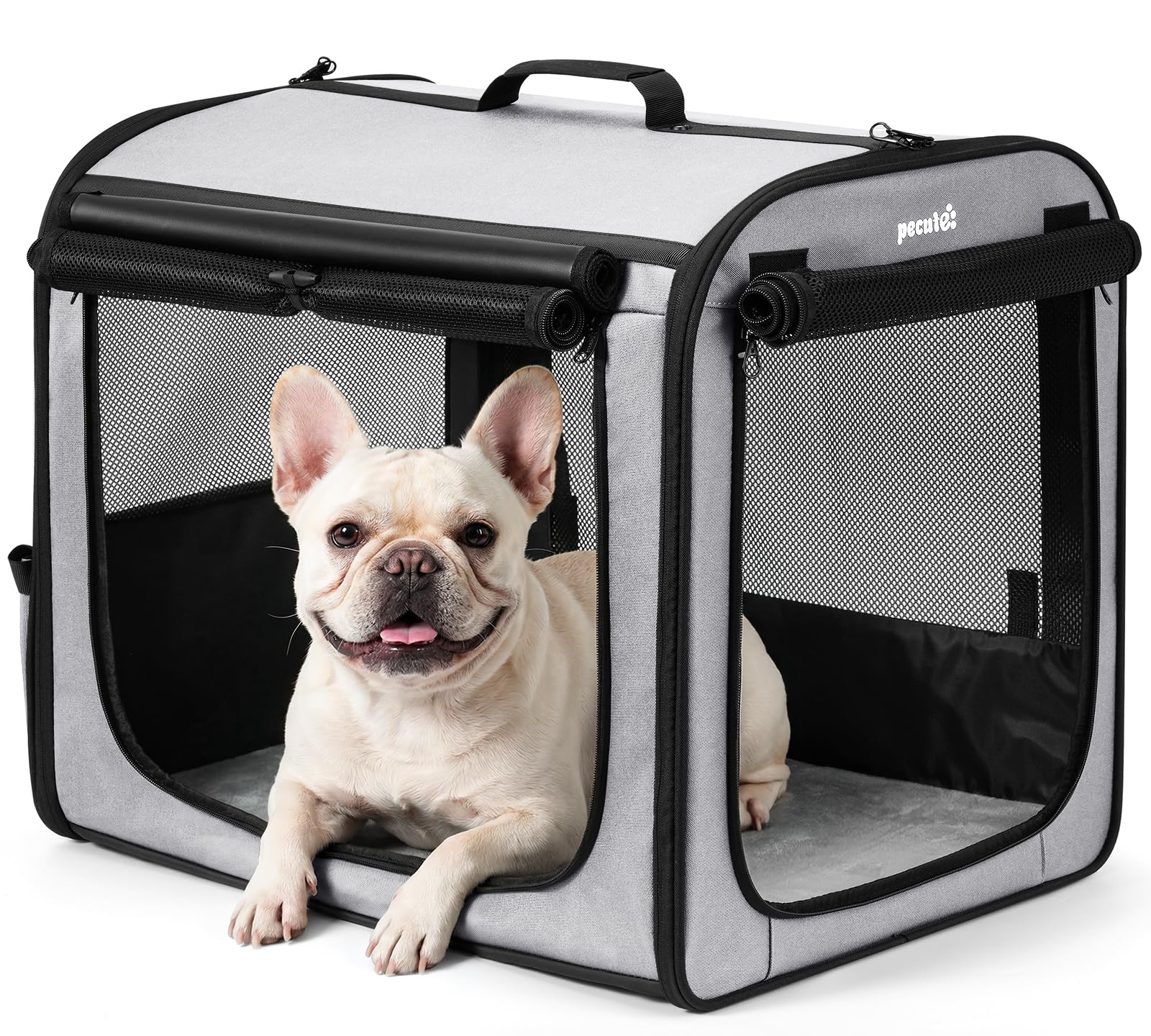 pecute Hundetransportbox Stabil Hundebox Auto Faltbar Transportbox Hund 61 x 52 x 45 cm, Leicht Katzen Transportboxen Atmungsaktiv Hundebox mit Rolltor, Transportbox Zum Autofahren Reisen, Grau