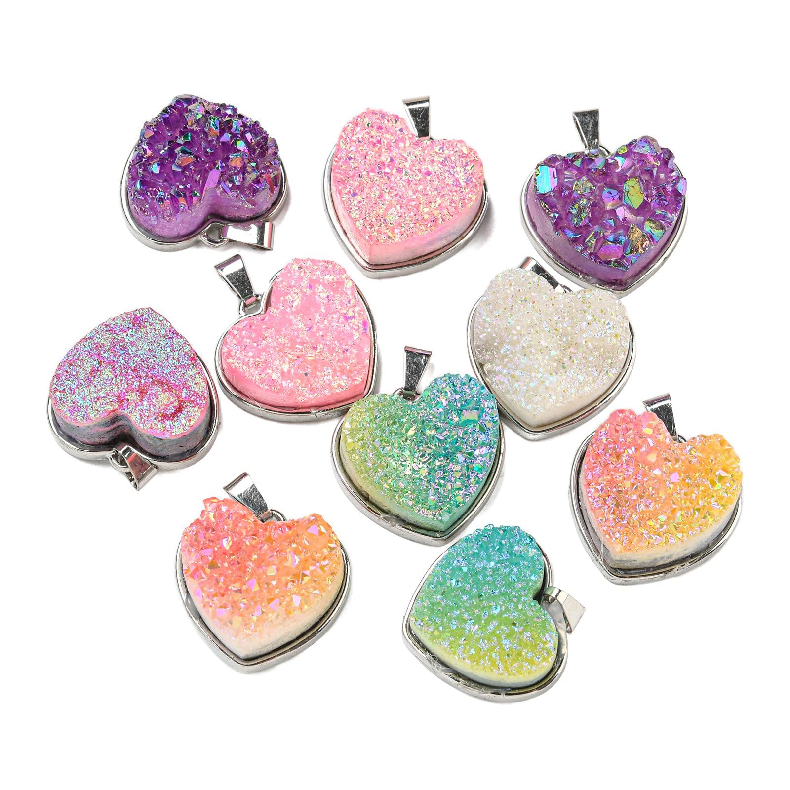 Stiesy 5Pcs Random Colour Heart Agate Charms Natural Eletroplated Druzy Agate Pendant Charm Colourful Love Heart Shape Gemstone Healing Crystal Stone Charms for Jewellery Making Bracelet Craft Earring