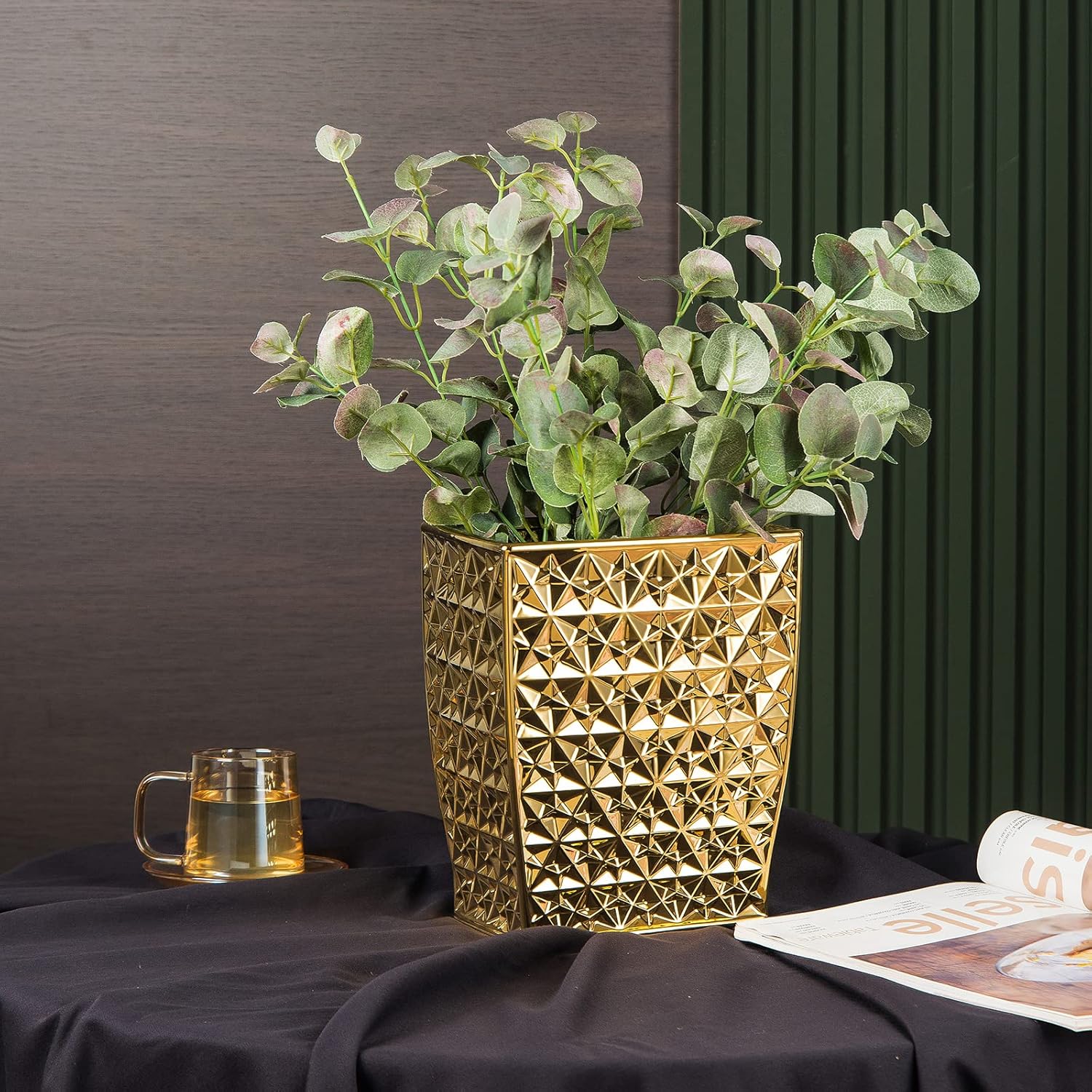 Ceramic Gold Square Garbage Can Kitchen Trash Cans - Wastebasket, Garbage Container Bin for Bathroom, Bedroom, Kitchen, Home Office, and Kids Room, Holds Waste