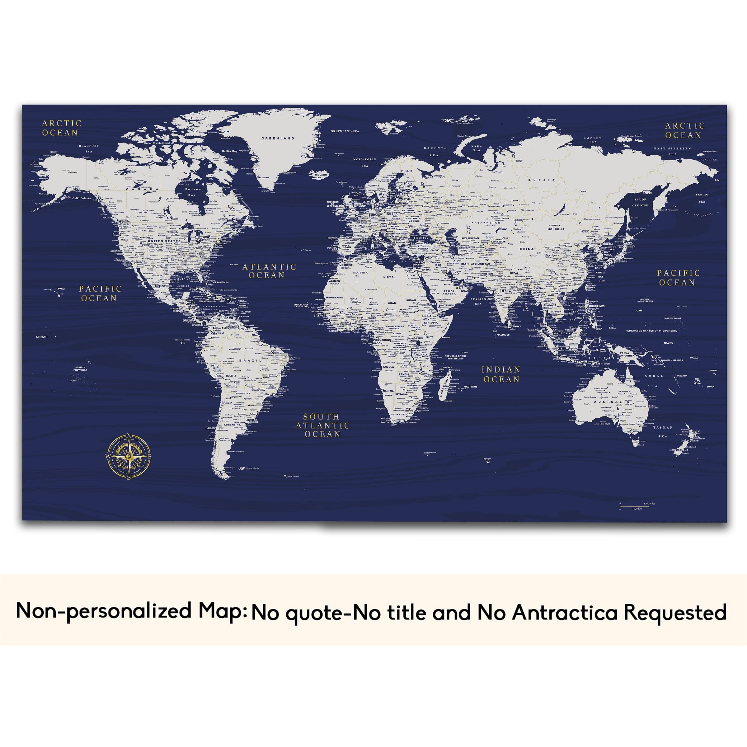 Canvas Art Bay Mapa del mundo azul y dorado - Lienzo de mapa del mundo personalizado - Mapa de viaje detallado con pines - Impresión de mapa del mundo grande - Tablero de pines del mapa del mundo -