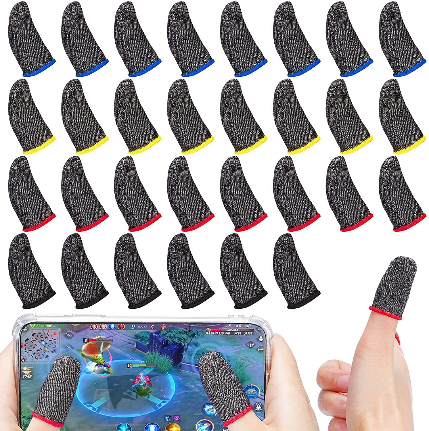 TEQNEQ 30 PCS Gaming Finger Sleeves 30 Pcs Finger Sleeves for Mobile Game Touchscreen Finger Thumb Sleeves Set Anti-Sweat Breathable Finger Covers for Playing Mobile Phone Games PUBG(15 Pair)