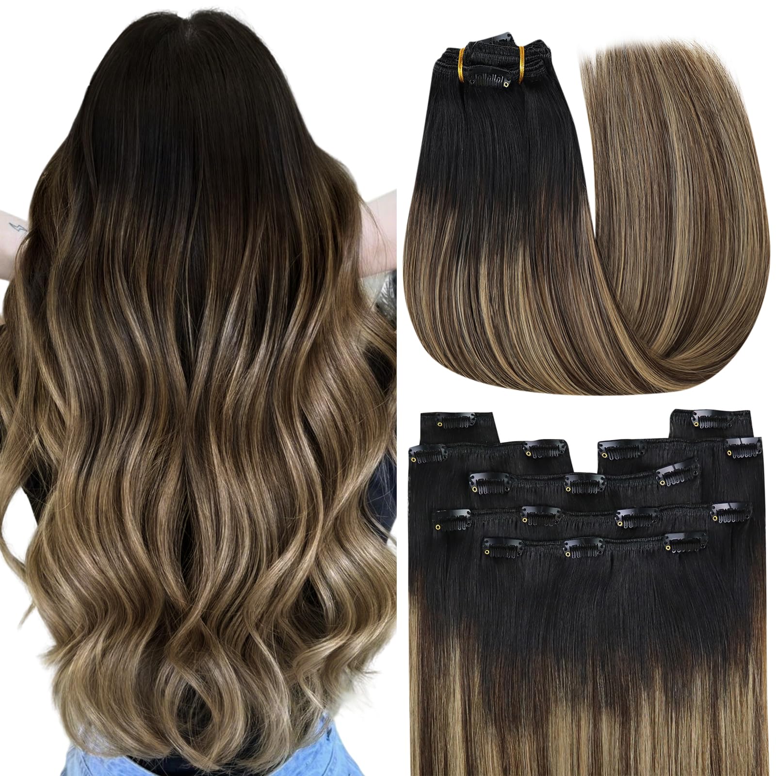 YoungSee 20Inch Ombre Clip in Hair Extensions Black to Brown with Blonde Balayage Clip in Extensions Straight Remy Hair Add Volume and Fullness Clip