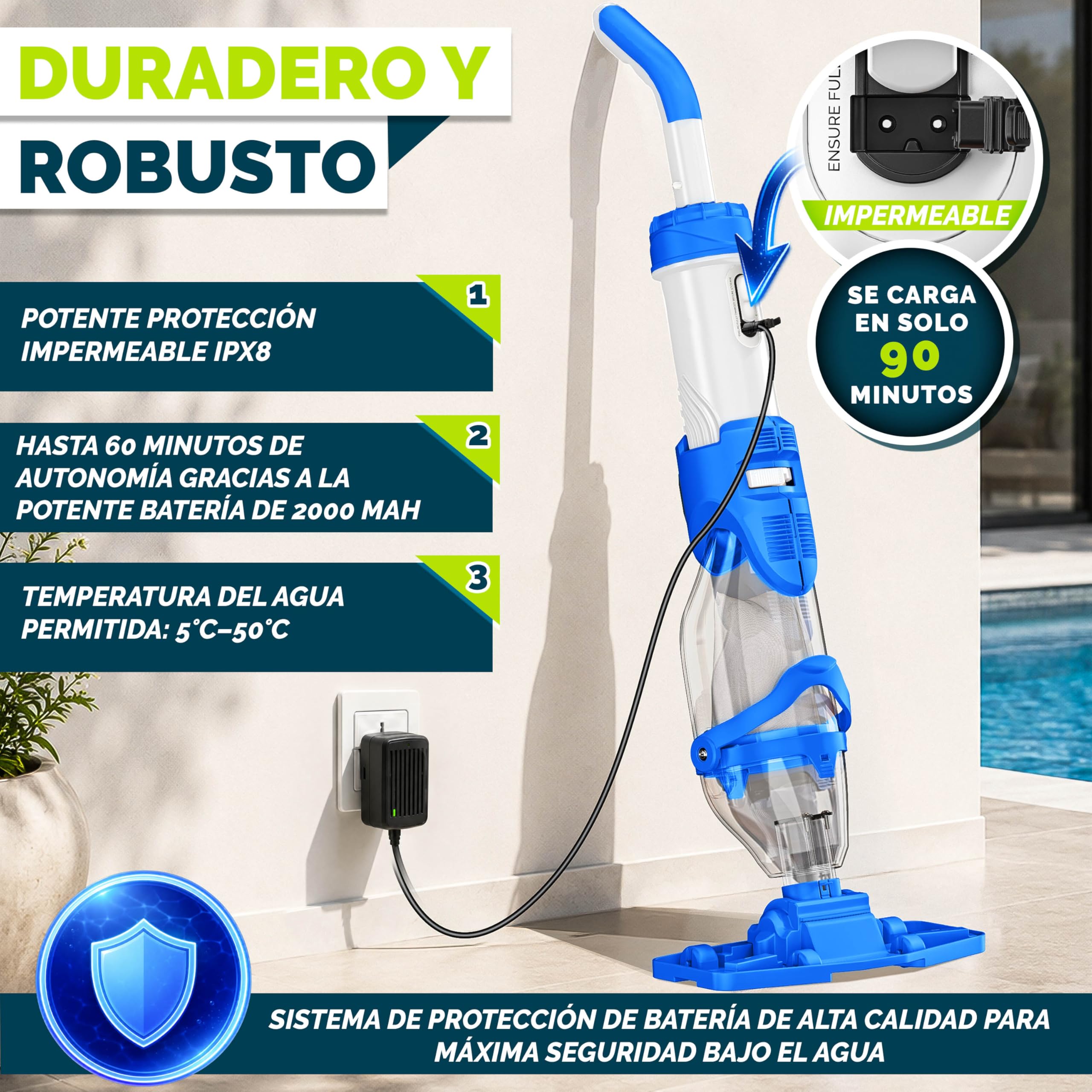 tillvex Aspirador de Piscina con batería y Barra telescópica + Filtro de Repuesto de hasta 15 m³ | Aspiradora eléctrica para Piscina con Filtro y 60 min de autonomía | Set de Limpieza inalámbrico