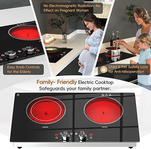 Miniatura 3 de Placa eléctrica de 2 quemadores de 24 pulgadas, estufa eléctrica de 120 V con encimera y diseño integrado, control de perilla de 1800 W, placa de