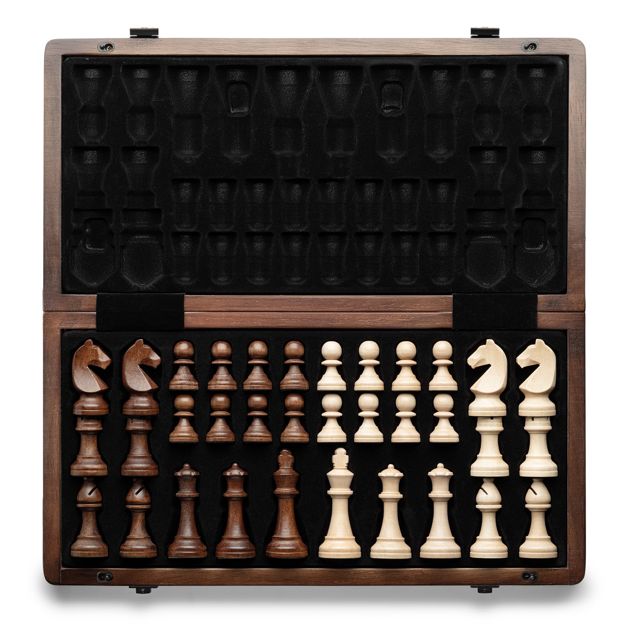 A&A 15 inch Wooden Folding Chess & Checkers Set w/ 3 inch King Height Staunton Chess Pieces - Walnut Box w/Walnut & Maple Inlay