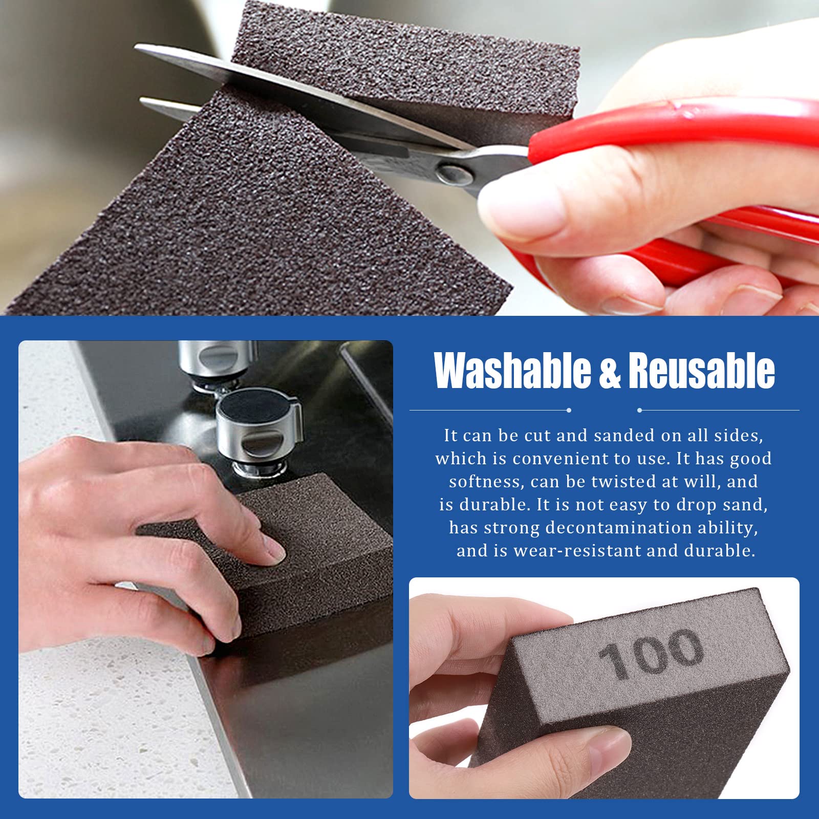 Glarks Kit di 16 spugne abrasive a grana 100, 15 pezzi, 10 x 7 x 2,5 cm, blocchi abrasivi lavabili e riutilizzabili e 1 pennello, ideali per la lavorazione del legno, la lucidatura dei metalli del