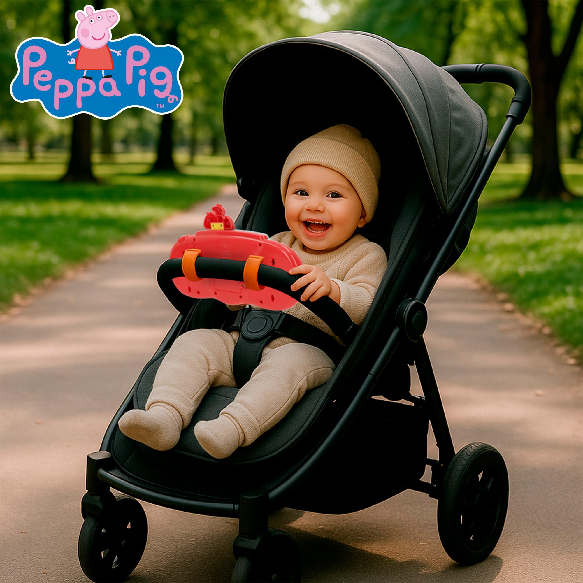 ColorBaby Peppa Pig Lenkrad für Kinderwagen, Ankergriff, buntes Design, Peppa, George und Seine Freunde, interaktive Spiele, Aktivitäten für Kinder ab 6 Monaten (39159)