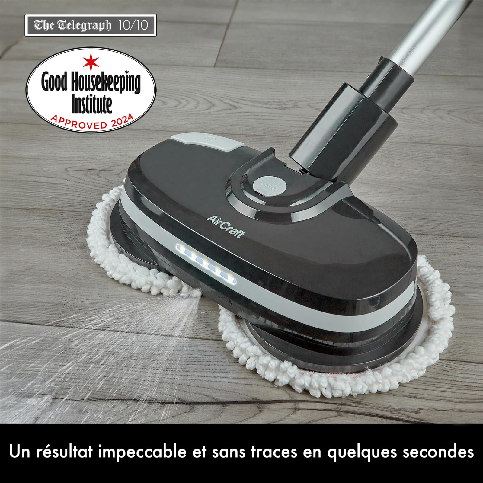 Aircraft PowerGlide Nettoyeur de Sol Dur sans Fil et Polisseuse à Plancher Rechargeable 2-en-1 avec 8 Tampons de Nettoyage, Idéal pour Les Sols en Bois, Carrelage, Stratifiés et en Pierre Naturelle