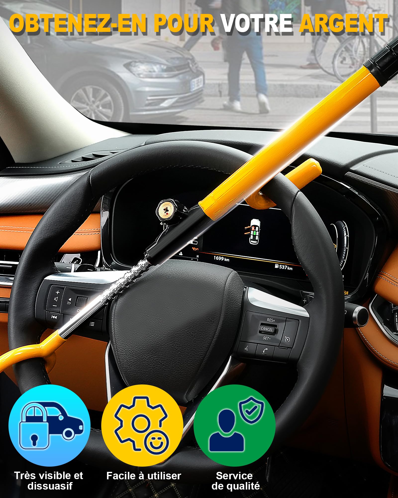 Tevlaphee Bloque-Volant, Serrure de Sécurité Auto, Dispositif Anti-Vol Robuste, Haute Visibilité, Adaptation Universelle pour Voitures, SUV & Vans, Réglable, Noyau en Acier Massif, 3 Clés(Jaune)