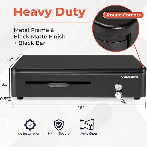 Miniatura 2 de Volcora Cajón de caja registradora para punto de venta sistema POS con esquinas redondas de 16 pulgadas, bandeja extraíble para monedas, 5 billetes