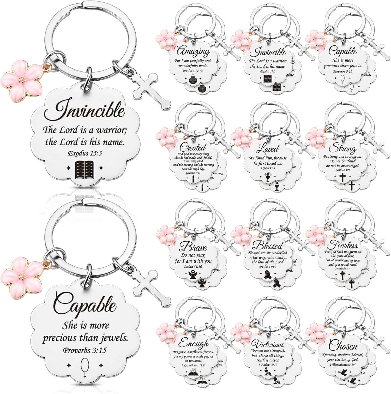 Cunno Christian Gifts Bulk Mother's Day Church Gifts Religious Keychain Bulk Scalloped with Enamel Sakura Woman of Faith