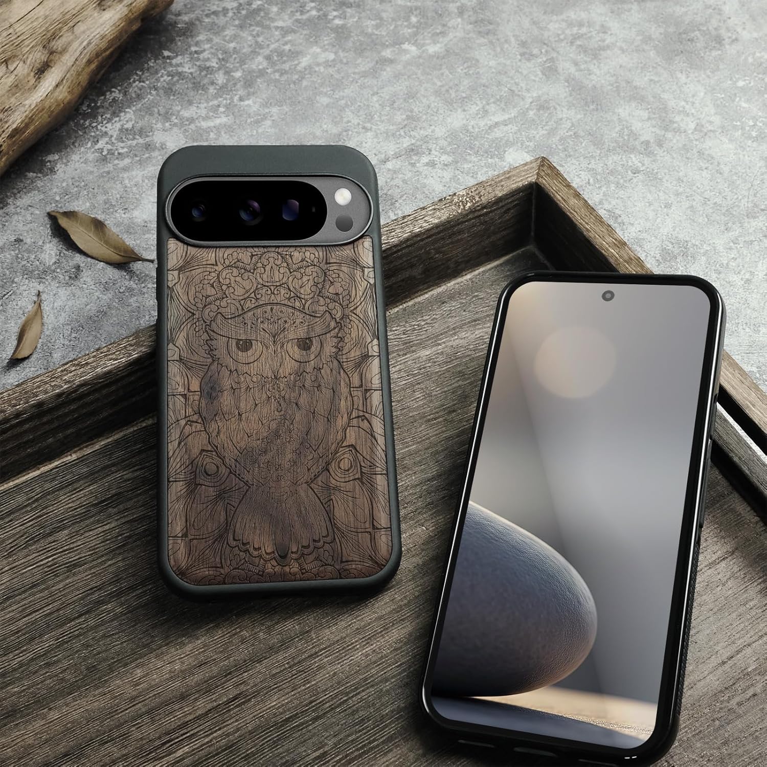 Carveit Magnetic Wooden Case for Google Pixel 10 Pro XL Case, Wood Artisan Engraved & Soft TPU Shockproof Cover, Compatible with MagSafe Wireless Chargers (The Owl Tapestry) Walnut