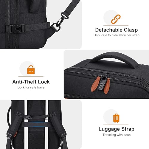 Miniatura 7 de Bagsure Mochila de viaje 42L Mochila de transporte aprobada por vuelo Mochila expandible Maleta Mochila Equipaje Daypack, Negro-marrón (mochila con