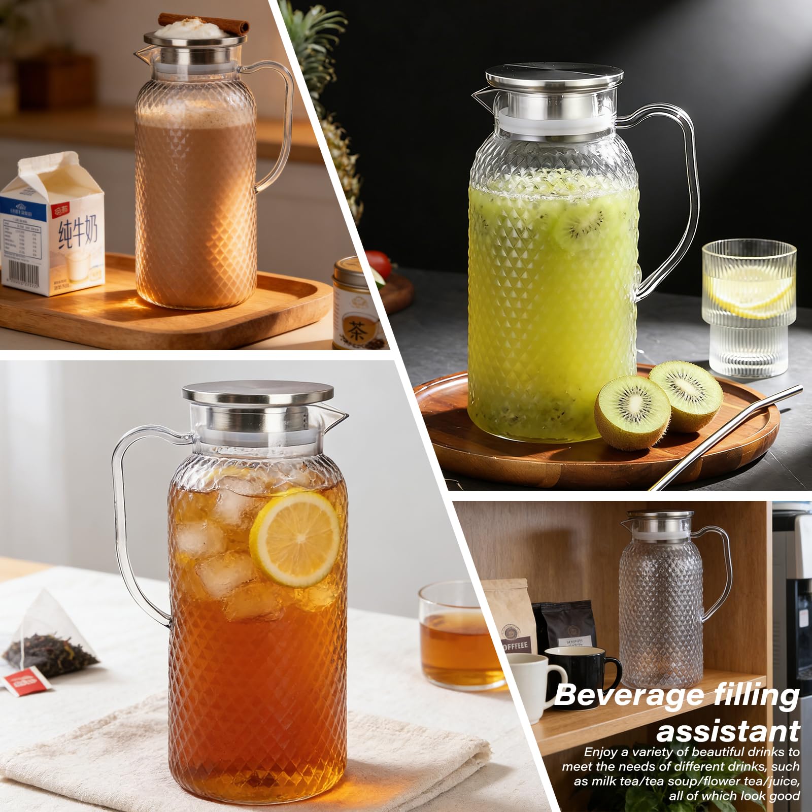 Lot de 2 pichets en acrylique de 1800 ml - Pichets à eau en plastique avec couvercle - Carafe transparente en acrylique - Pour réfrigérateur - Avec poignée - Pour boissons DIY, jus, thé