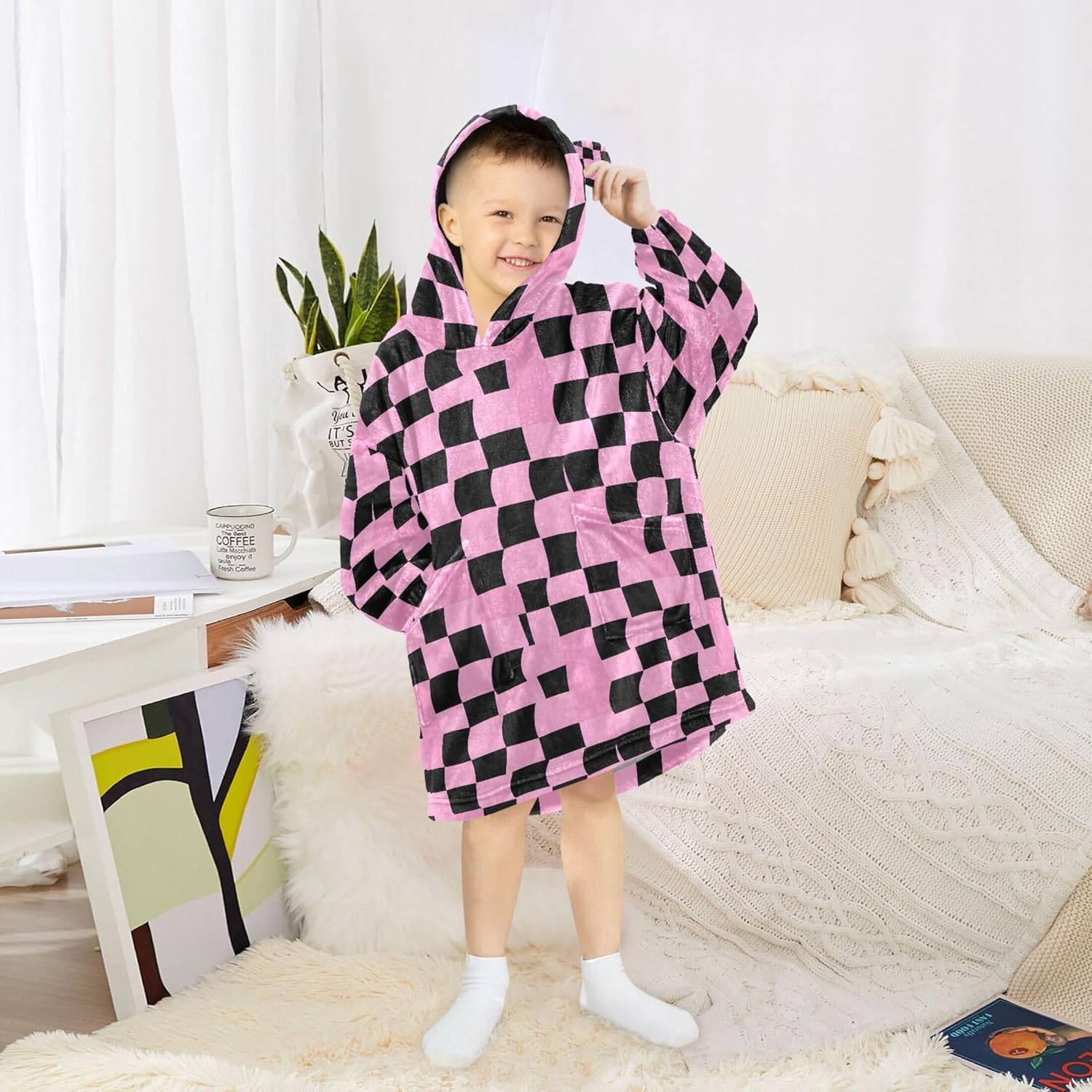 Pink Black Buffalo Check Plaid Kids Wearable Blanket Hoodie and Sleeves for Toddlers, Cute Hoodies Girls B0403656