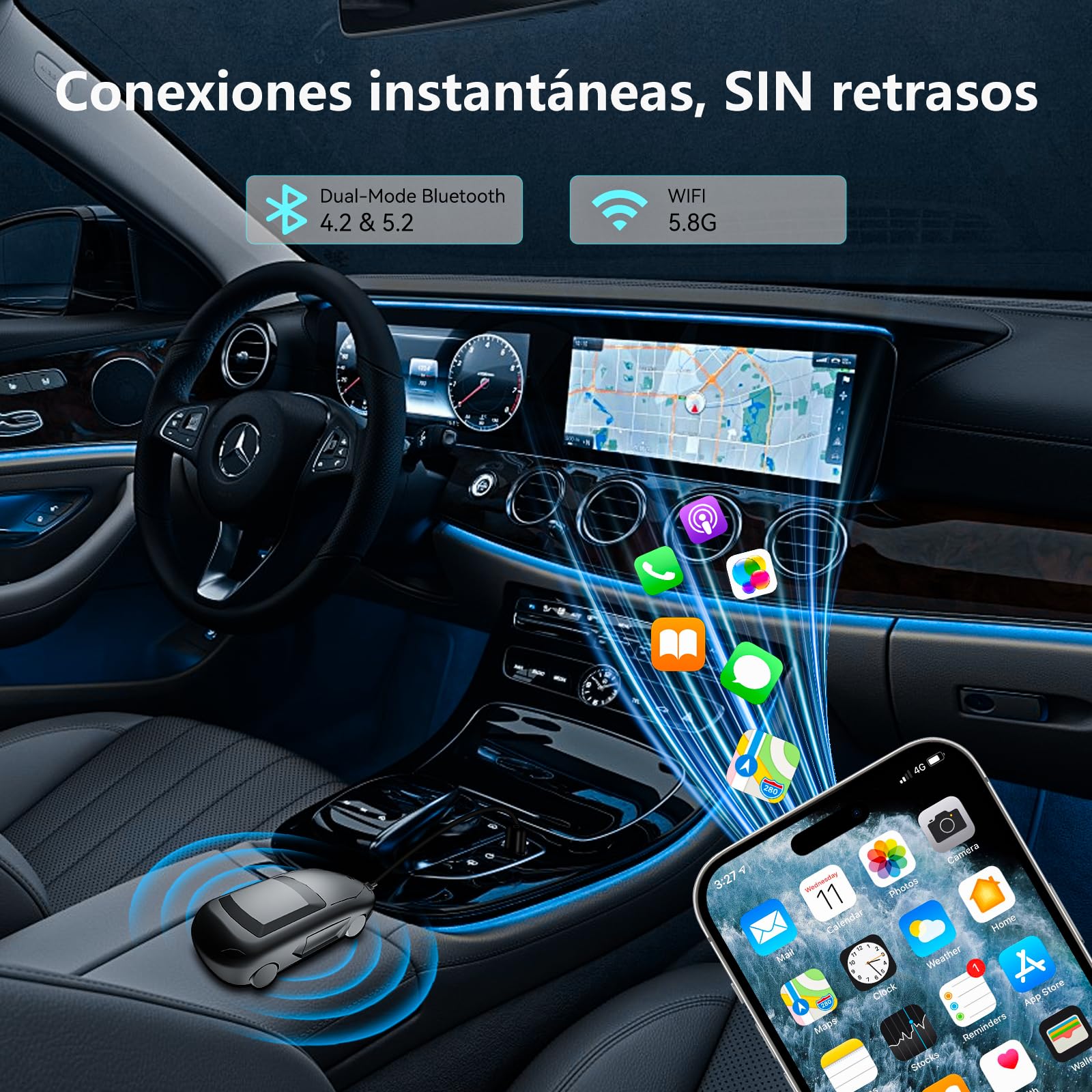 Veout CarPlay Inalambrico, Adaptador inalámbrico CarPlay 2 en 1 Mejorado para 2026, Compatible con Apple iOS 10+ y Android 11+, con Wi-Fi 5G y Bluetooth 5.8 Integrados, CP y AA, Plug and Play