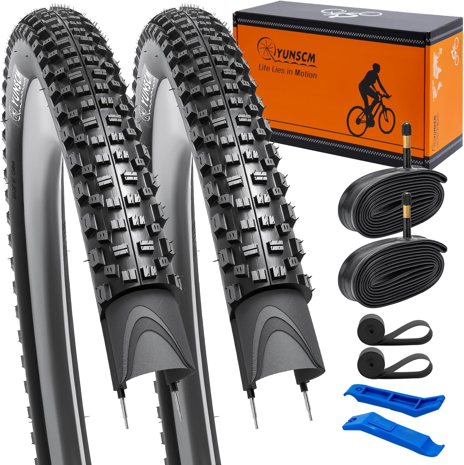 โ YunSCM 29inch 120TPI Lightweight Bike Tyres 29x2.25 57-622 Anti-puncture Folding Tyres and 29'' Tubes AV48mm Schrader Valve, Compatible 29x2.20 29 x 2.25 29 x 2.30 MTB Racing Bike Bicycle Tyre| 2-PCS