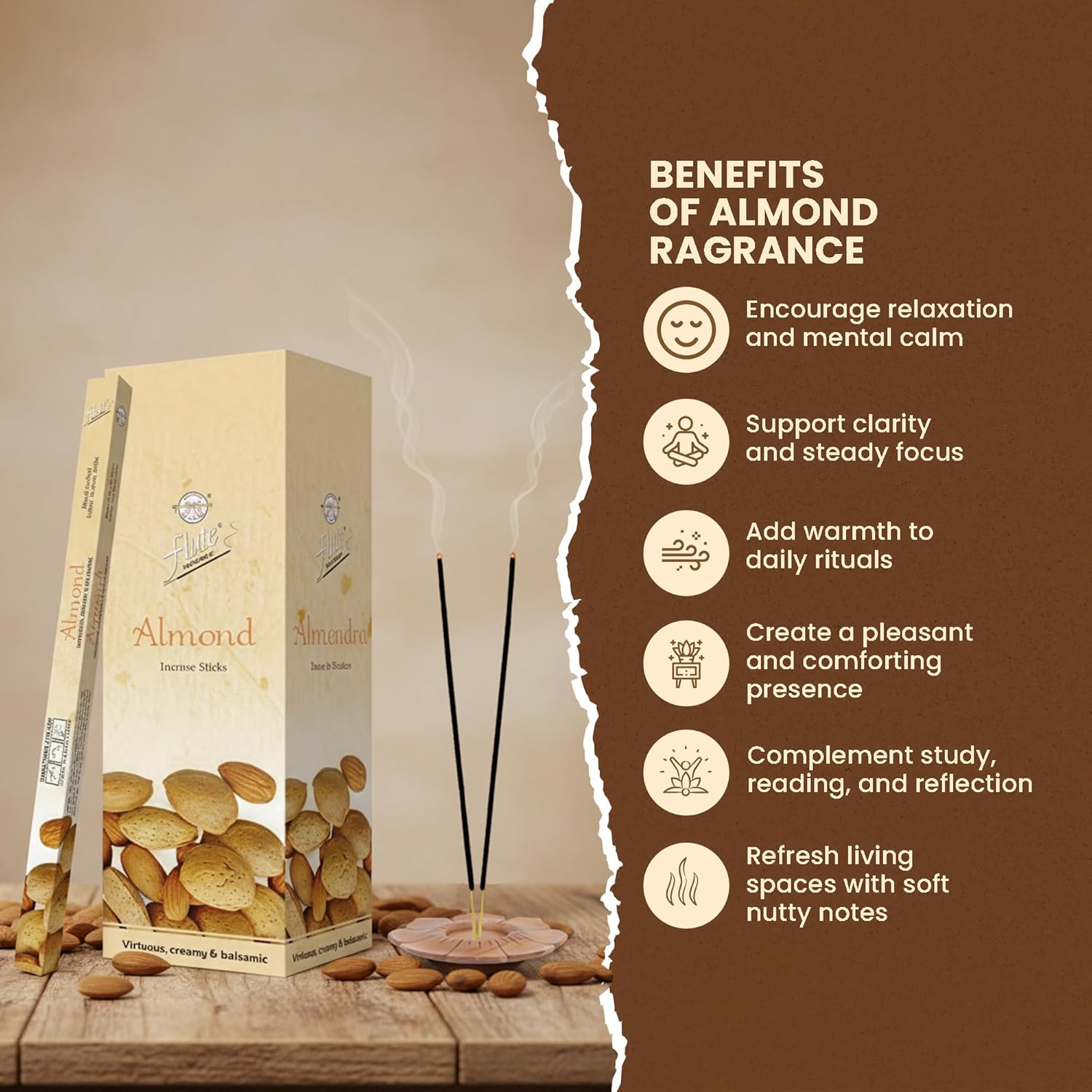 Flute Almond Incense Sticks – Premium Nutty Incense for Relaxation & Mental Clarity – 8 Sticks/Pack, 25 Packs/Box (9 Inch, 200 Sticks) | 40 Minutes Burn Time