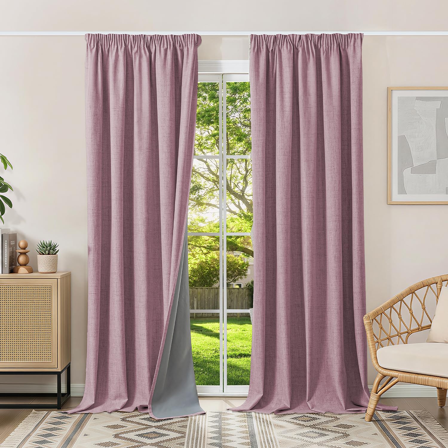 Runyéla 100% Blackout Curtains Pencil Pleat Linen Curtain for Bedroom Living Room Thermal Insulated 46 x 90 Inch Drop 2 Panels Pink
