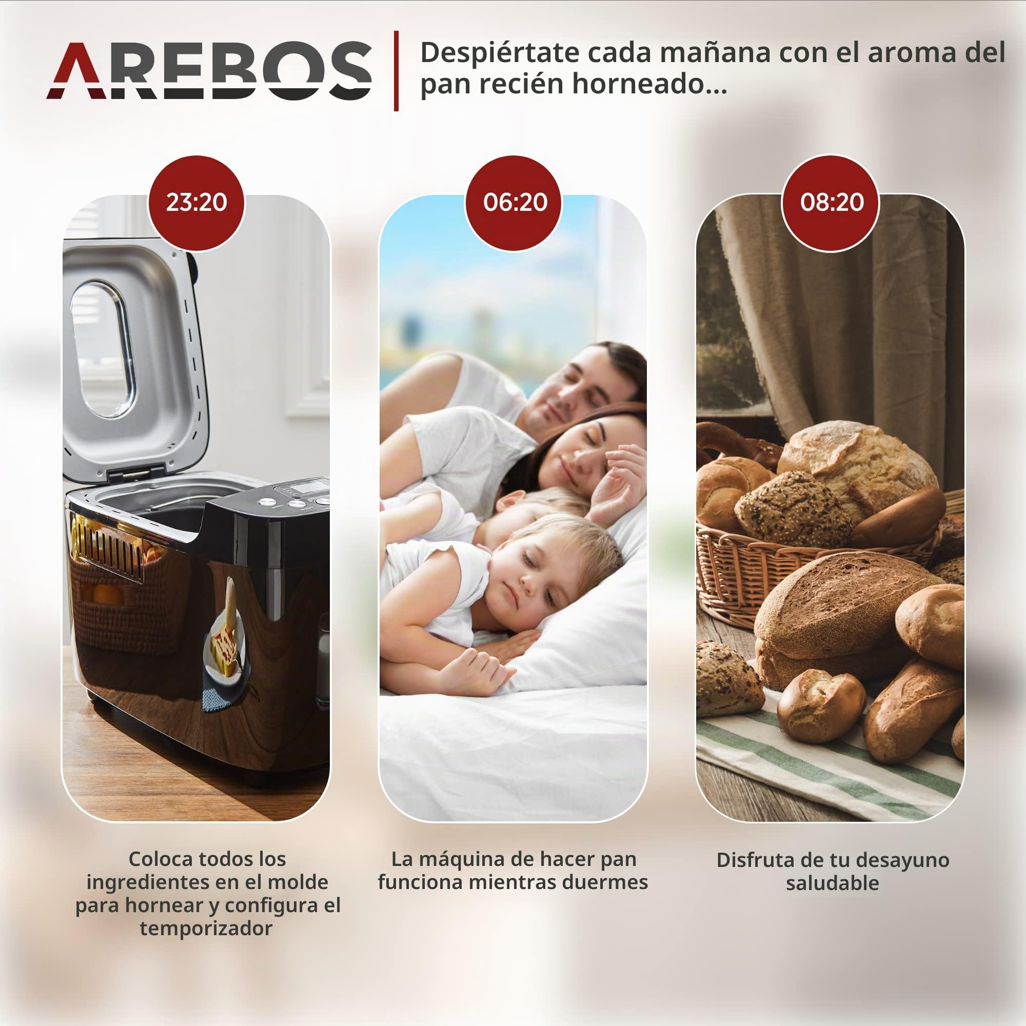 Arebos Panificadora 1500 g | con 15 programas | 2 ganchos para amasar | temporizador | pantalla LCD | 3 niveles de tostado y tamaños de pan | 850 W | Negro