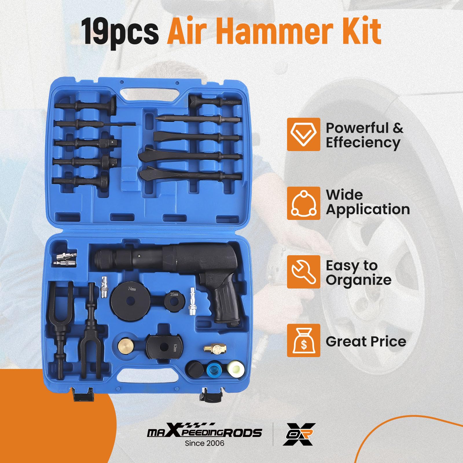 maXpeedingrods Kit de burin pneumatique, ensemble de marteau pneumatique multifonctionnel, 2100 BPM, jeu de 10 cm, 19 pièces