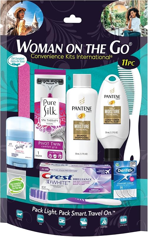 Kit feminino de higiene para viagem Convenience Kits International, multicolorido, 11 peças