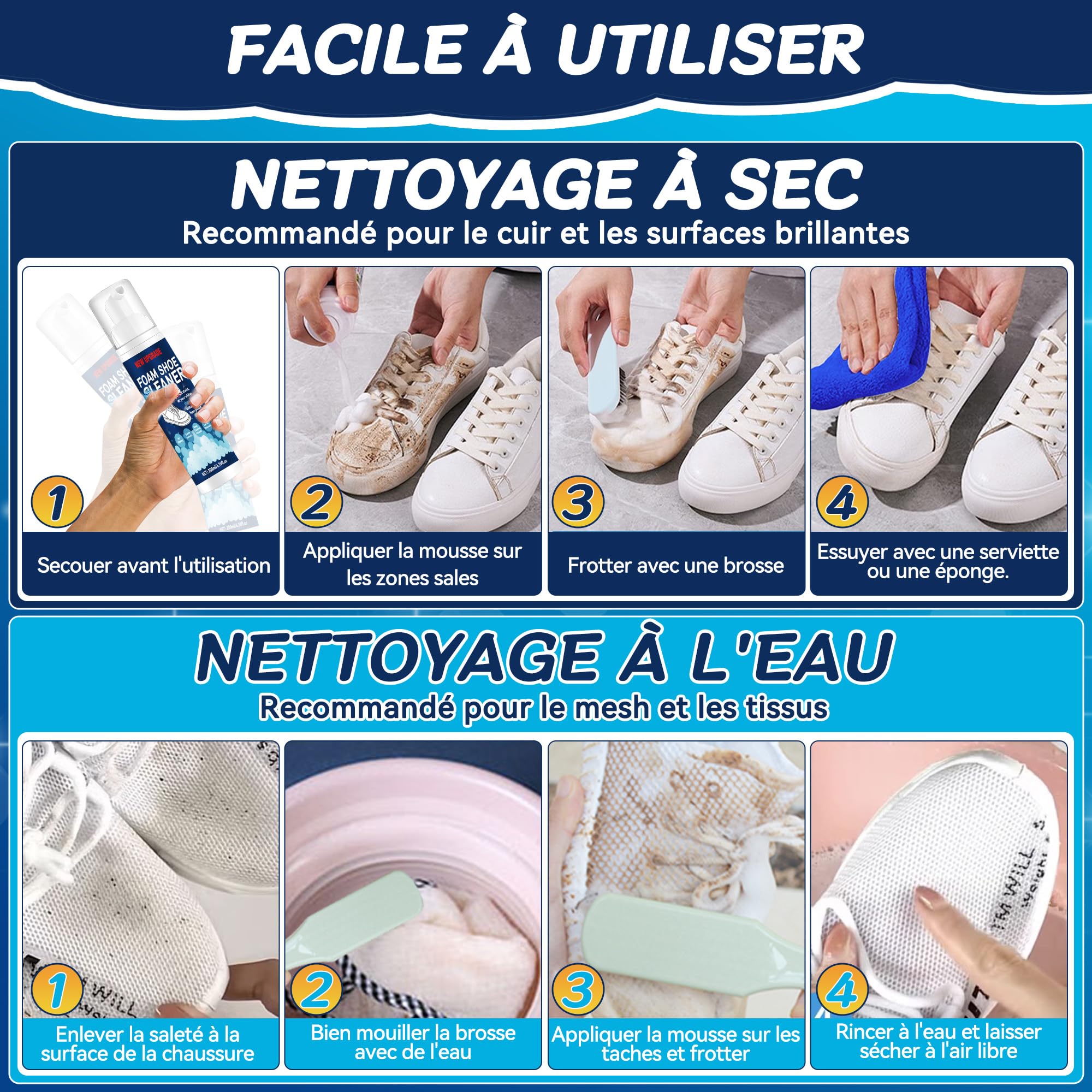 Nettoyant Chaussure, kit nettoyage chaussure blanc pour baskets (200 ml) avec brosse et chiffon microfibre. Permet un nettoyage rapide et sans eau des chaussures en cuir, toile, maille, caoutchouc