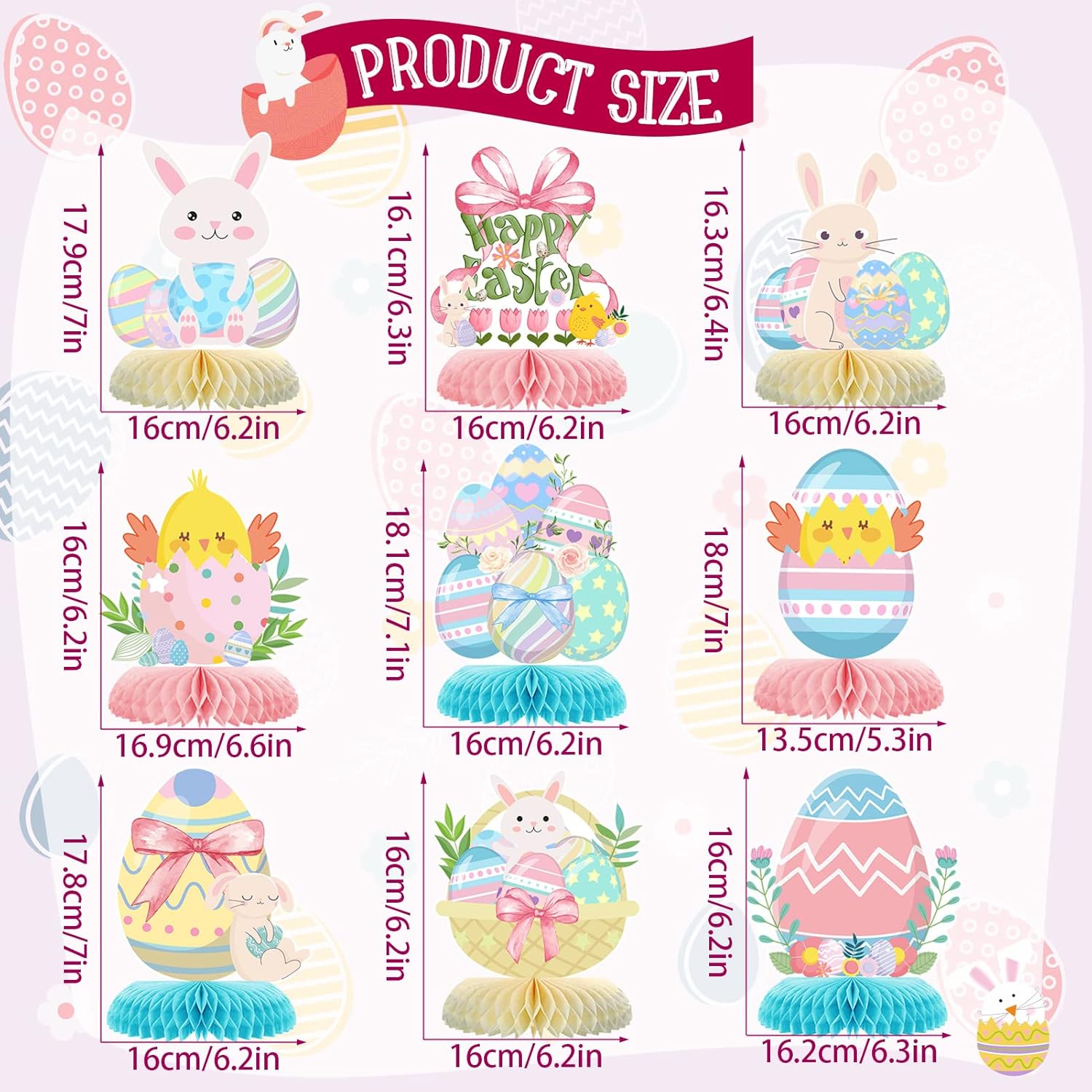 Tarklanda 9Pcs Easter Honeycomb Centerpieces Party Decorations,Happy Easter Bunny Easter Egg Centerpieces 3D Table Honeycomb for Spring Easter Rabbit Photo Prop Party Supplies