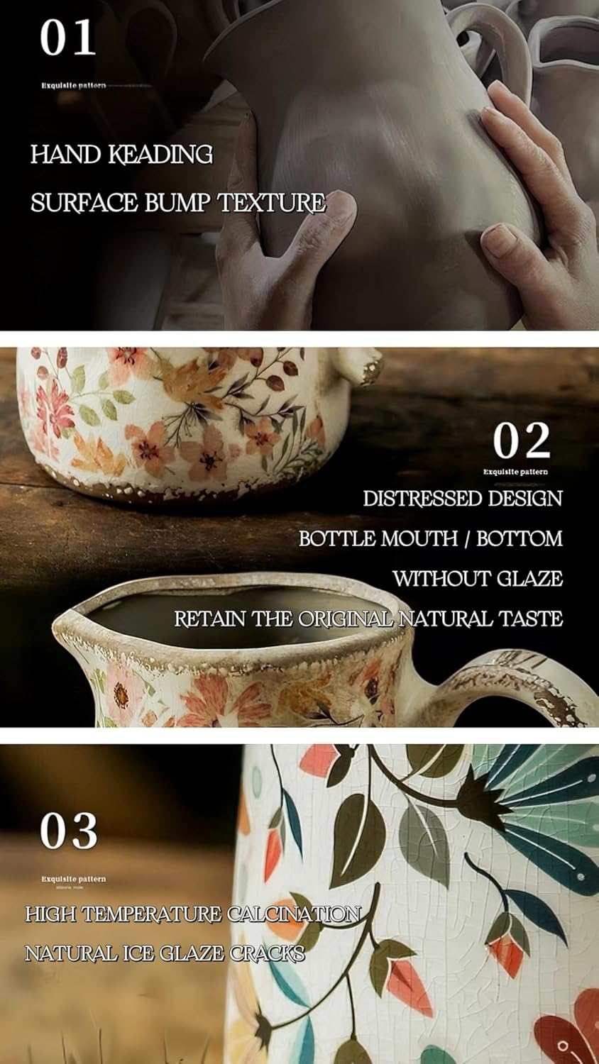 Vintage Colorful Flower Ceramic Vase with Handle, Retro Ice Glazed Crack Farmhouse Pitcher Vase for Home Decor, Living Room, Shelf, Office, Rustic Table Centerpiece 9 Inch - Image 3