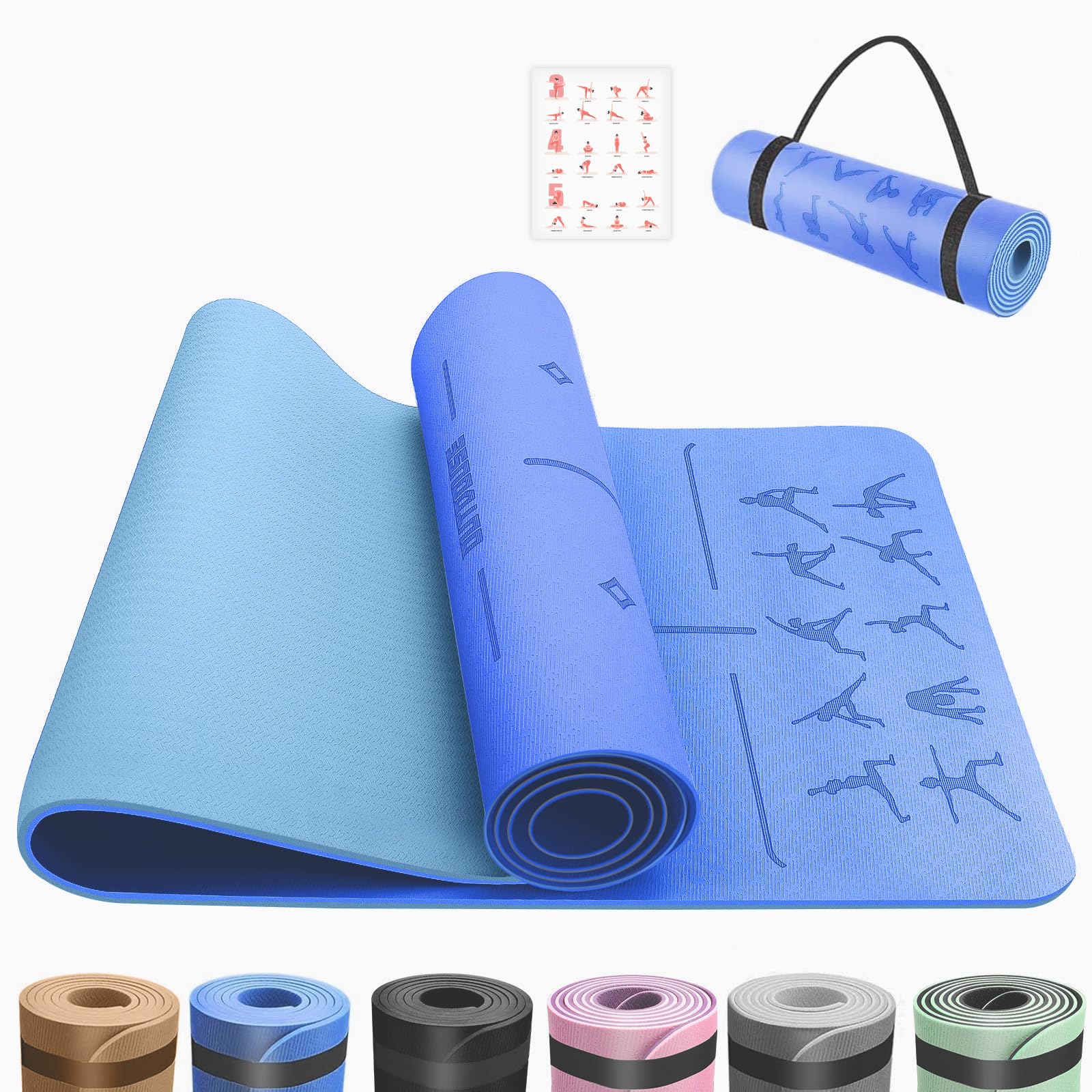 Yoga Mat with Alignment Lines,TPE Sports Exercise Mat,Non-Slip,for Gymnastics,Pilates,Home, Travel,Gymnastics Mat with Storage Straps,Yoga Mats for Women and Men,183x61cm