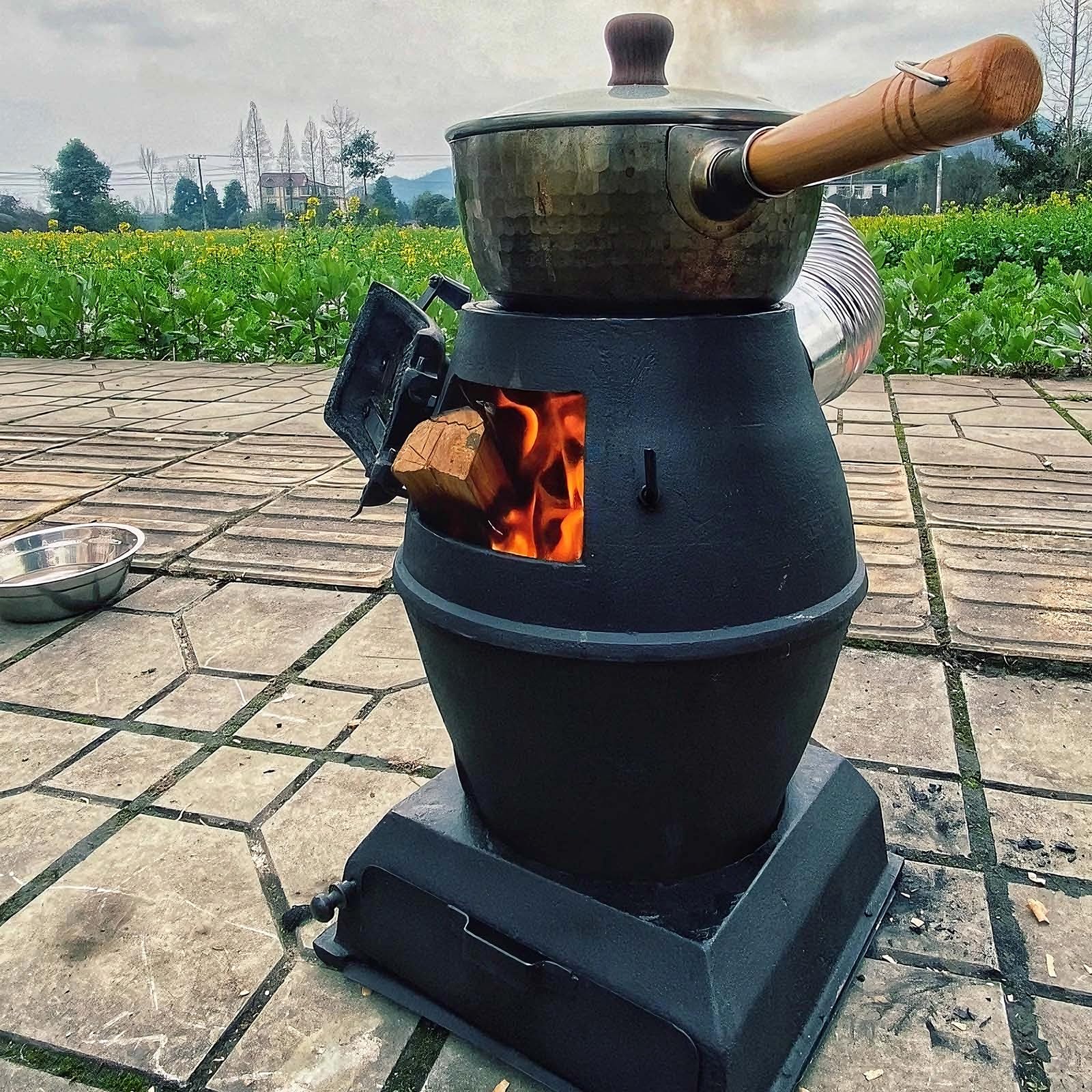 Stufa a Legna in Ghisa con Canna Fumaria da 400cm e 2 Gomiti Stufa da Campeggio Portatili per Interni ed Esterni Forno a Legna da Esterno per Riscaldare, Cucinare(23.5 * 23.5 * 39.5cm)