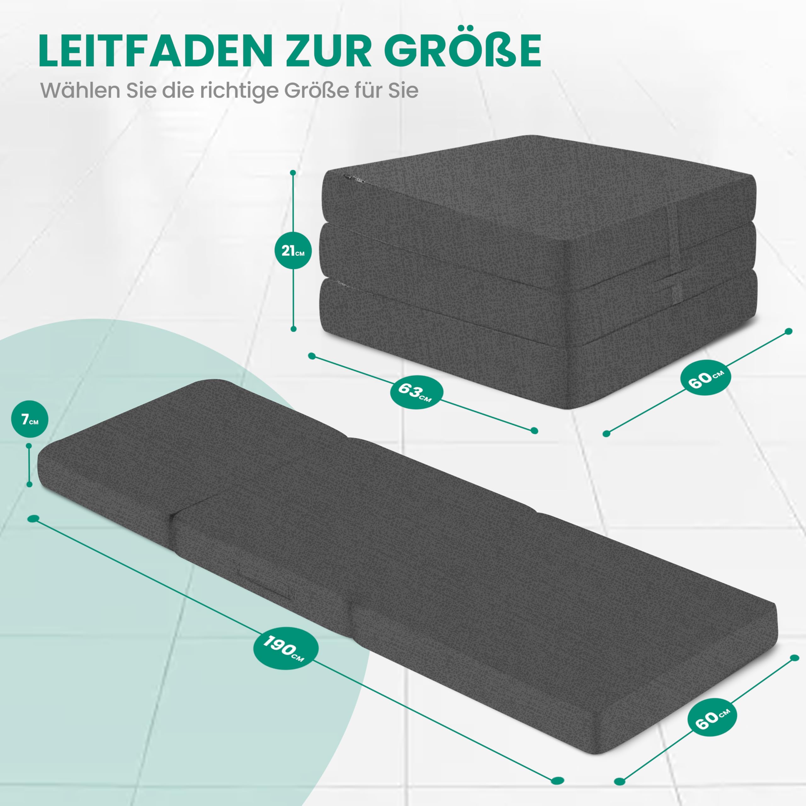 Klappmatratze 3-teilige Faltmatratze Gästematratze, Schaumstoff Matratze, Klappbar, Faltbare Kamping Bett, Waschbar Bezug