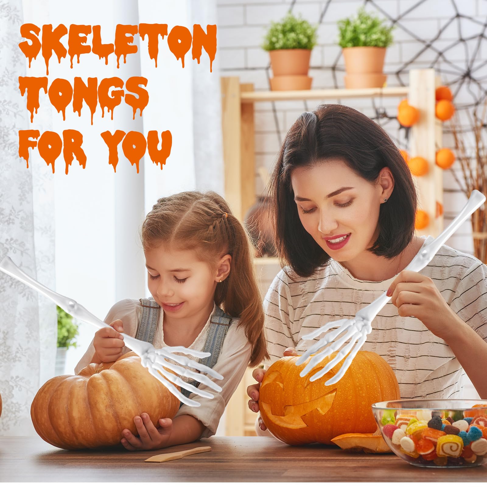 Zhehao 12 Pcs Halloween Skeleton Hand Salad Tong Salad Spoon Halloween Gothic Salad Tong Hand Skull Claw Tong Salad Spoon Tableware for Kitchen Party Food Table Decoration (White)