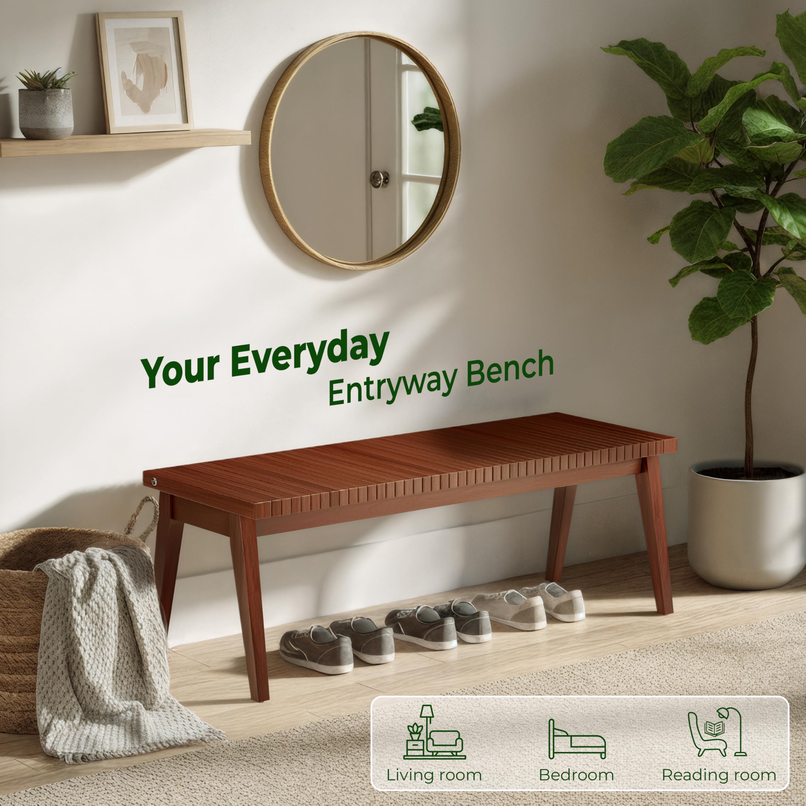 Melino Wooden Bench Outdoor 47" Convertible Acacia Wood Bench, Solid Wood Indoor Patio Benches for Outdoors, 3 in 1 Garden Bench for Porch Entryway Living Room Backyard Deck, Brown