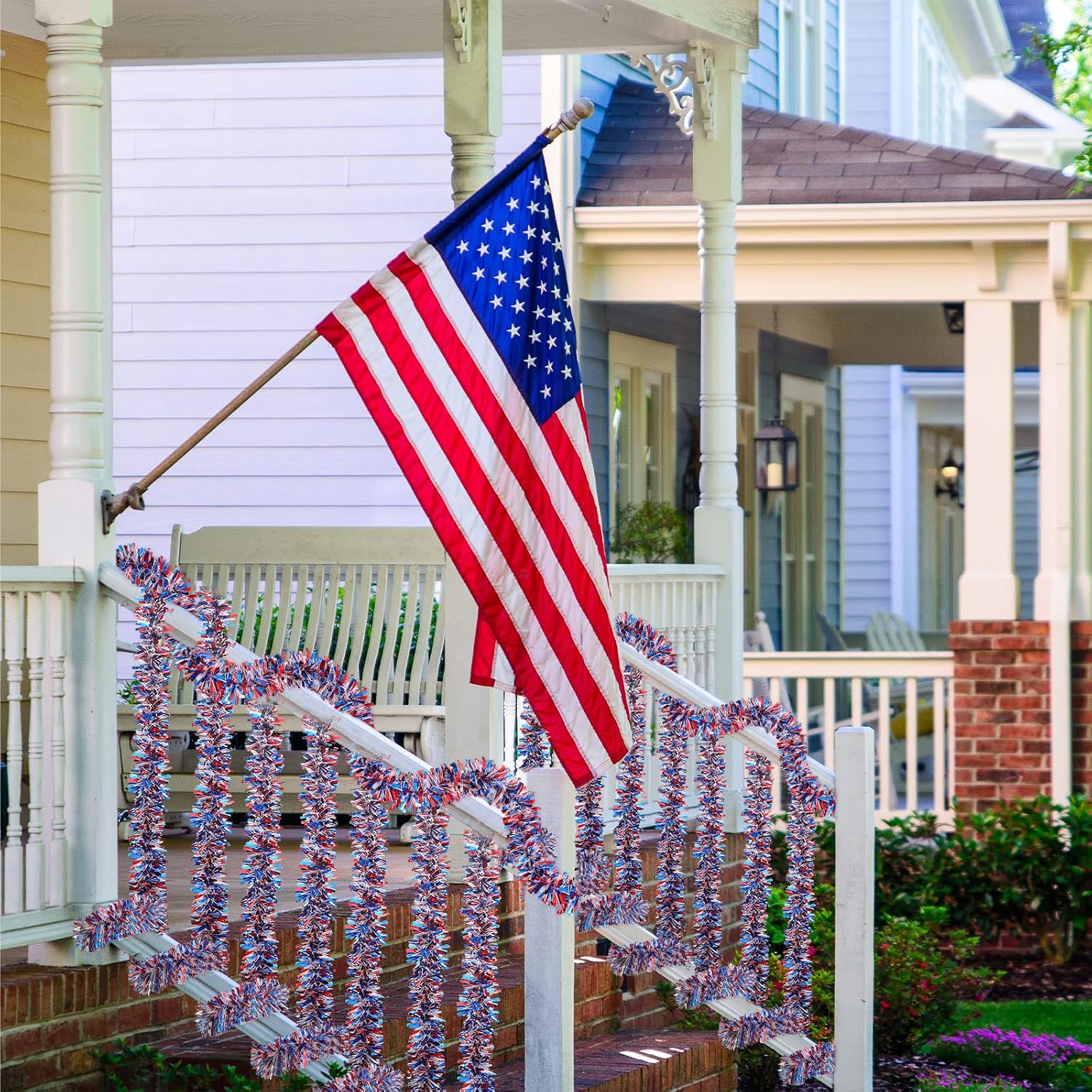 WILLBOND 26.2 Feet 4th of July Patriotic Garland Decoration 250th Anniversary Red White Blue Shiny Garland Hanging Supplies for Independence Day Party Indoor and Outdoor Decorations