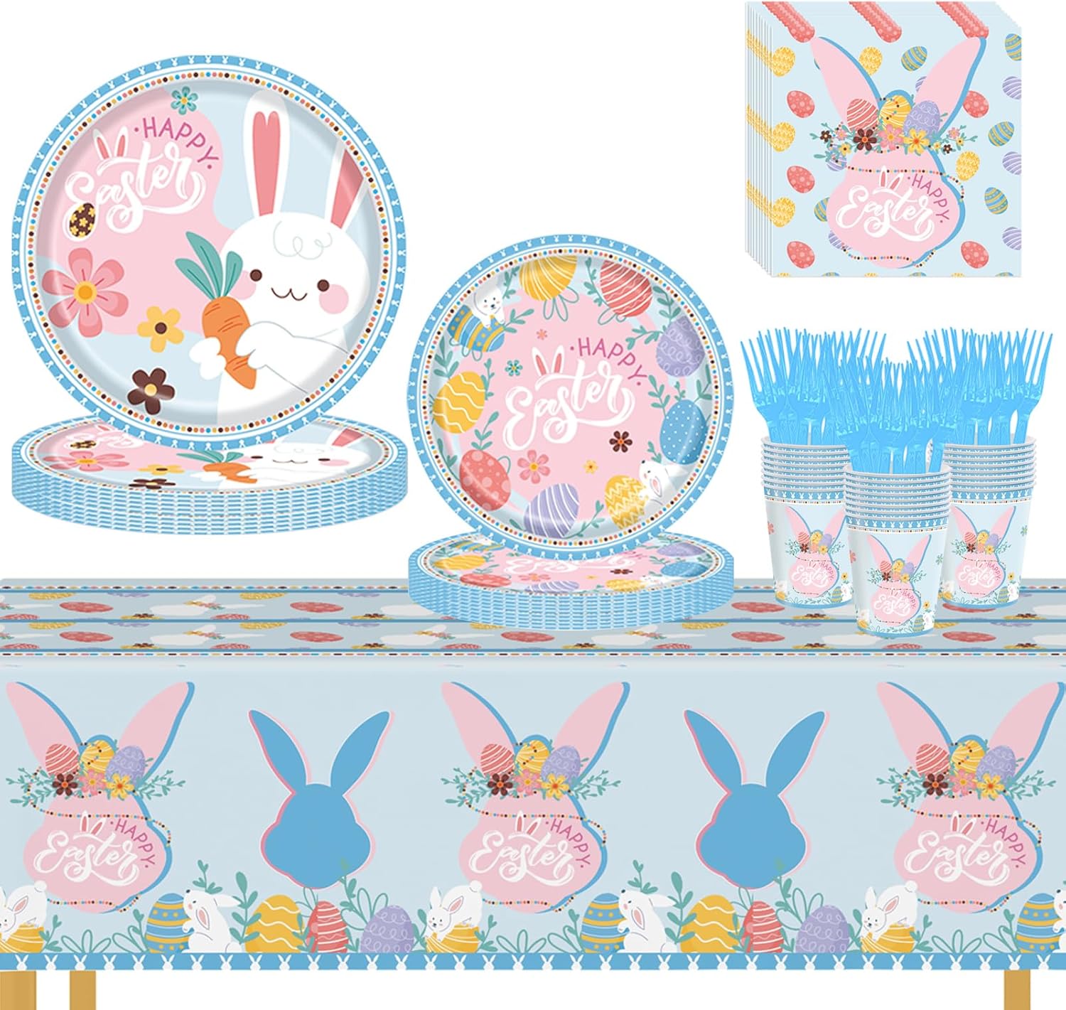 Easter Plates and Napkins Disposable Set – Easter Paper Plates and Napkins Sets with Cups, Forks & Tablecloth, Happy Easter Bunny Party Supplies, Easter Dinnerware Tableware, Serves 24 Guests
