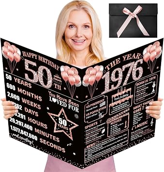 Large 50th Birthday Card with Envelope, Happy 50th Birthday Decorations for Women, 1976 Jumbo Birthday Greeting Card, Fifty Birthday Gifts for Her, Rose Gold