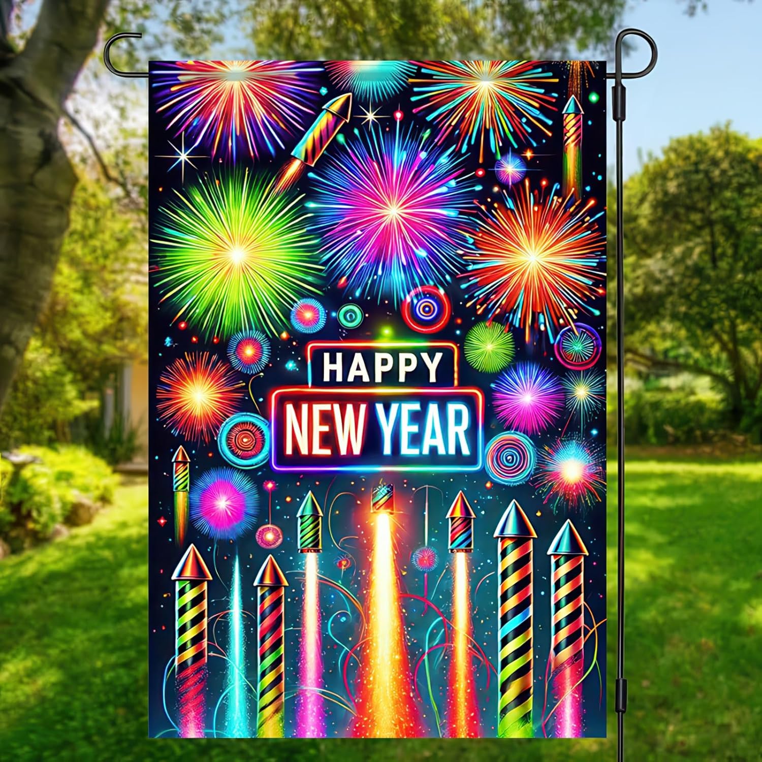 Happy New Year Garden Flag Double Sided 12x18 Inch Firework Sparkle Night Sky Yard Flag Festive Outdoor Yard Decoration New Year Decorations for Outside lawn Celebrate Party Flag - Image 3