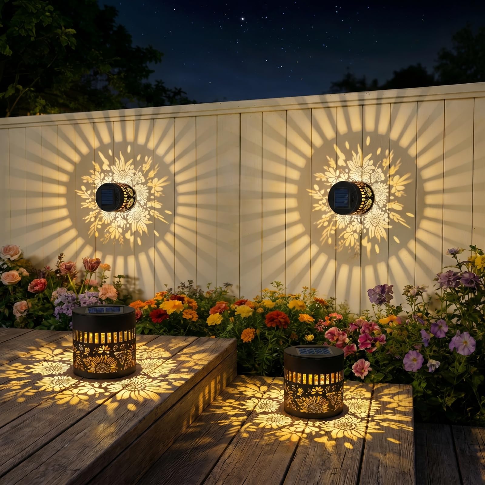 4 Pack Decorative Sunflower Solar Garden Lights, Solar Lantern Fence Lights Outdoor, IP65 Waterproof Garden Step Lights, Auto On/Off Wall Light for Outside Table Patio Balcony Deck, Yard, Pathway