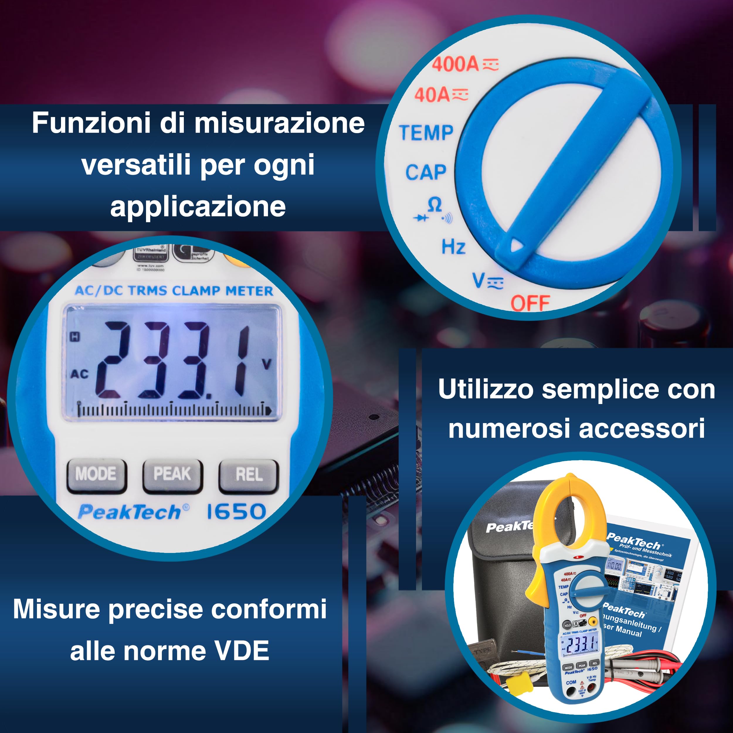 PeakTech 1650 – Morsetti con vero RMS AC/DC 400A, 4000 conteggi, Multimetro digitale, Voltmetro senza contatto, Amperometro, Tester di continuità - Max. 600 V