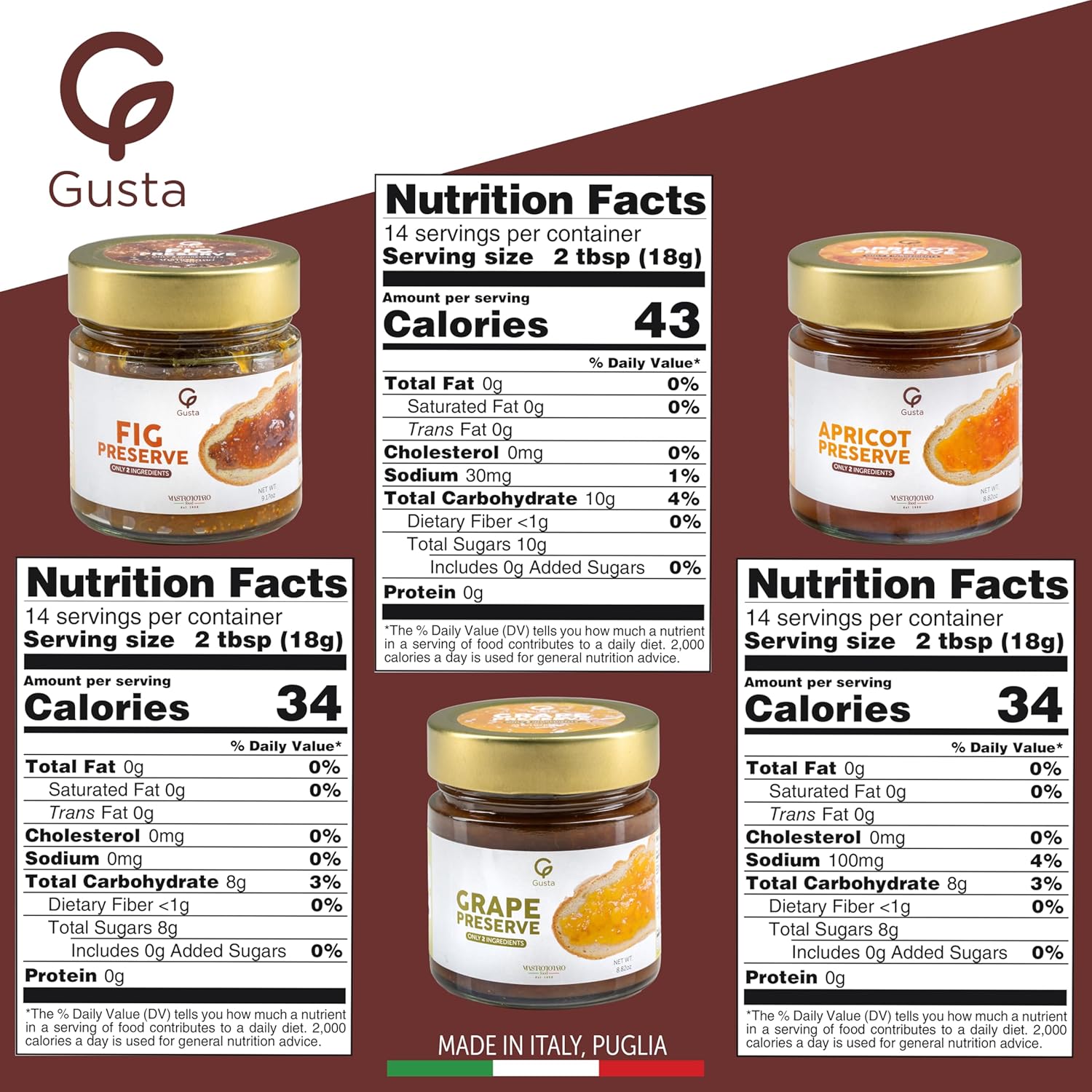 Gusta Assorted Jam Preserves - Grape, Figs, Apricot - Made in Italy Fruit Preserve & Jam - Only 2 Ingredients - Non-GMO, All Natural - Fresh & Genuine Italian Delicacy - 8.82oz Glass Jars (3 Pack)