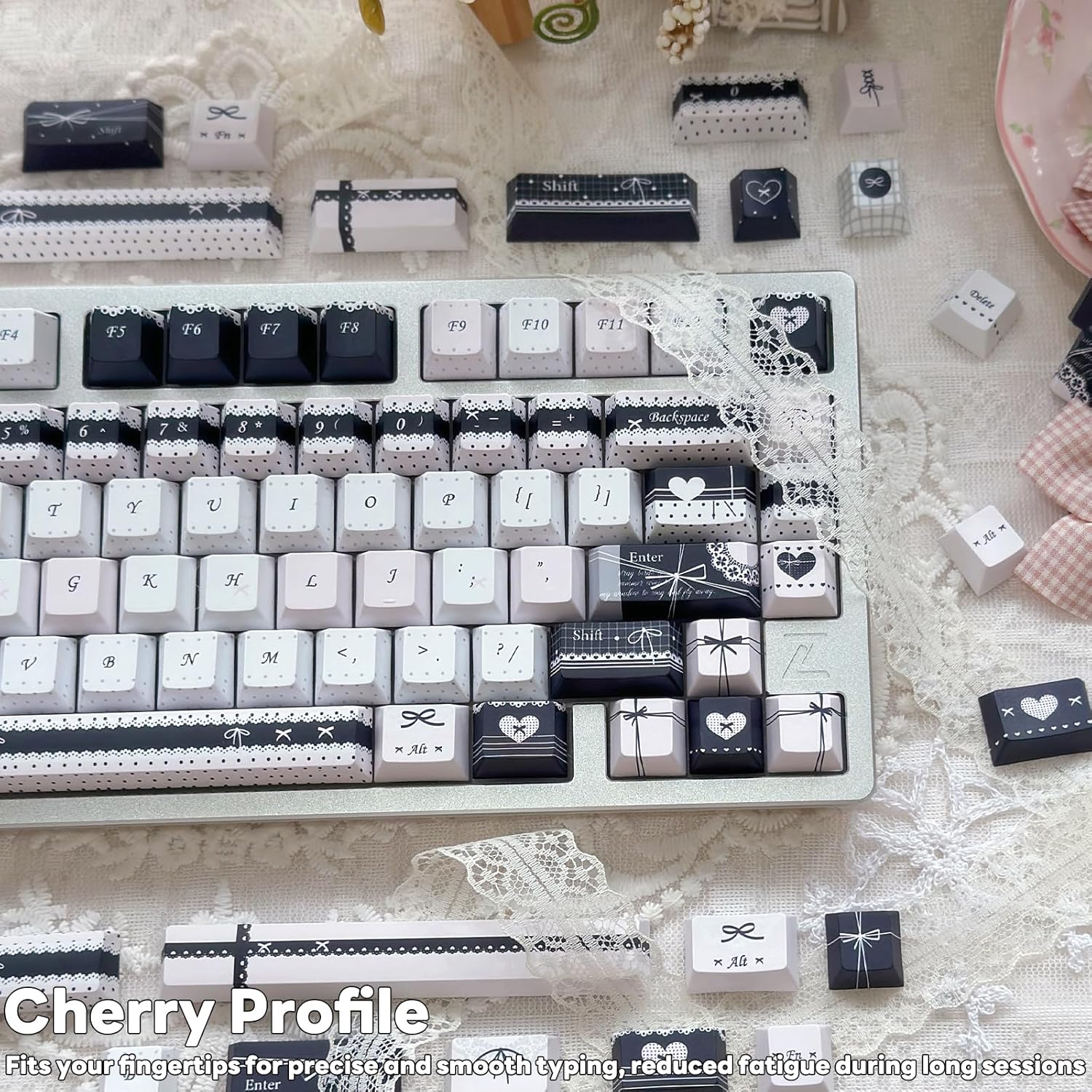 Black and Pink PBT Keycaps Set - Cherry Profile, 5 Side Dye Sublimation with Lace & Bow Patterns, Kawaii Key Caps for Mechanical Gaming Keyboard, 145 Keys