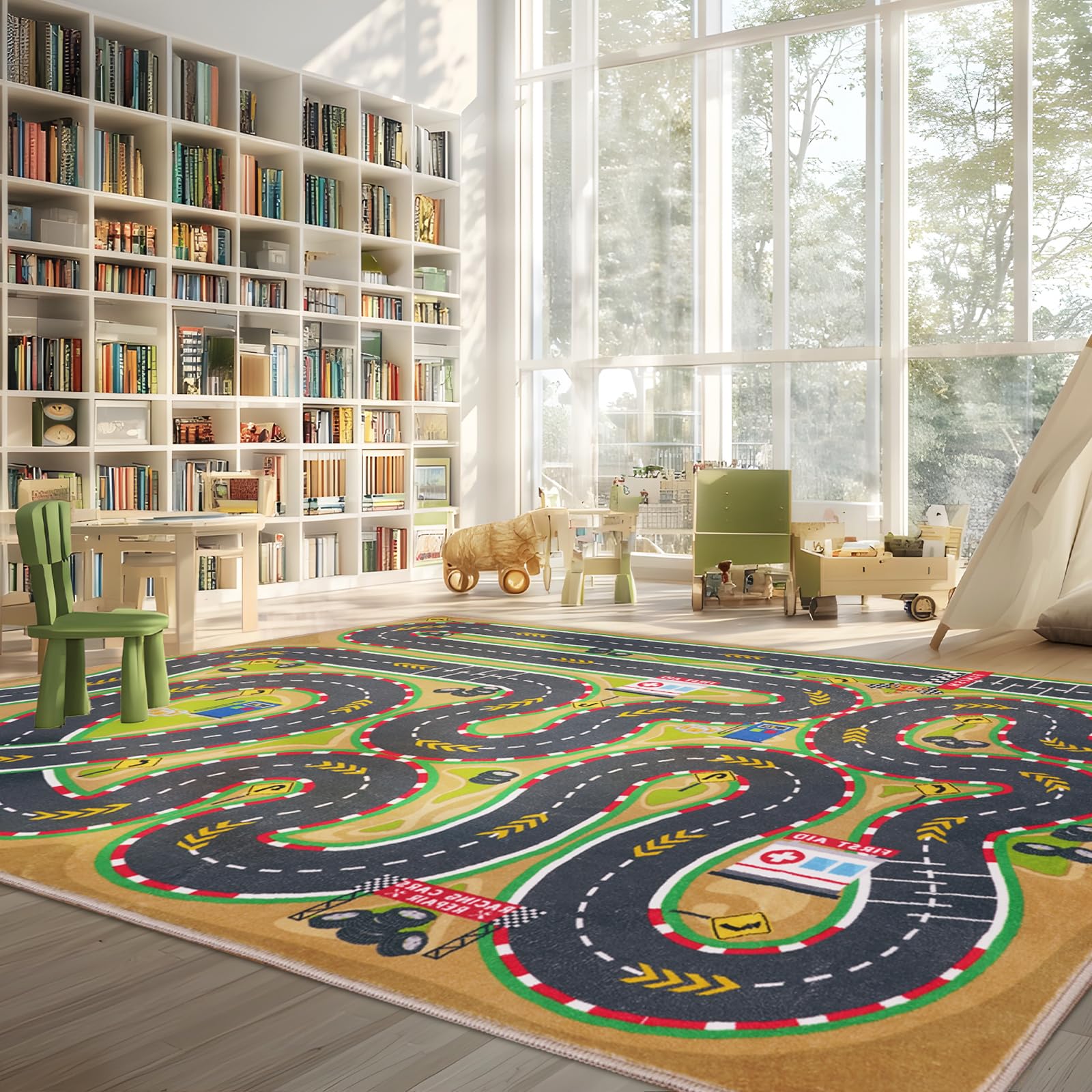 GthreeD Car Racing Track Rug, Soft & Non-Slip Machine Washable, perfect for educational play, learning, discovery, for children's rooms, living rooms, studies, playrooms,160x230 cm