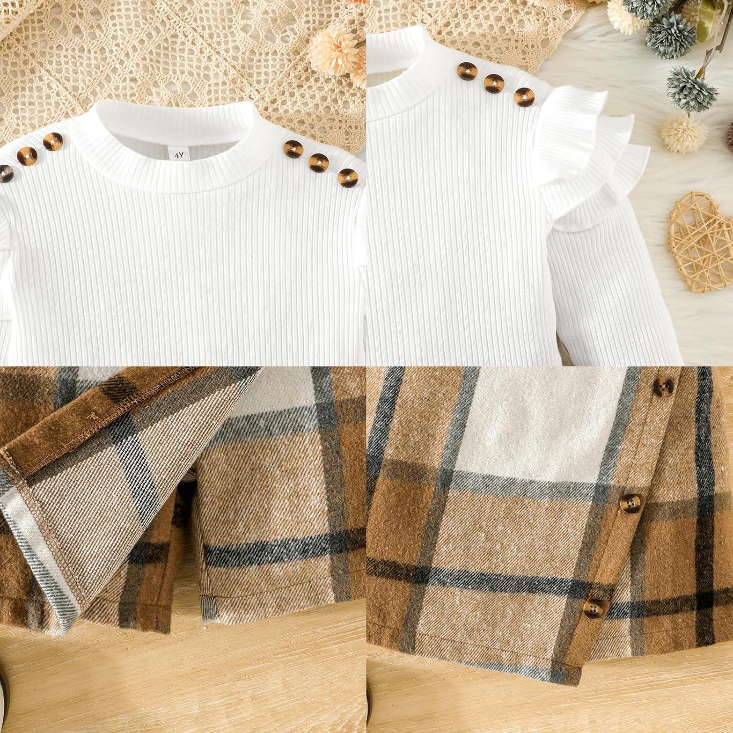 Noubeau Toddler Girls Skirt Set Long Sleeve Ruffle Top Shirt+Plaid Skirt Fall Winter Clothes for Girls 2 Piece Outfits - Image 7